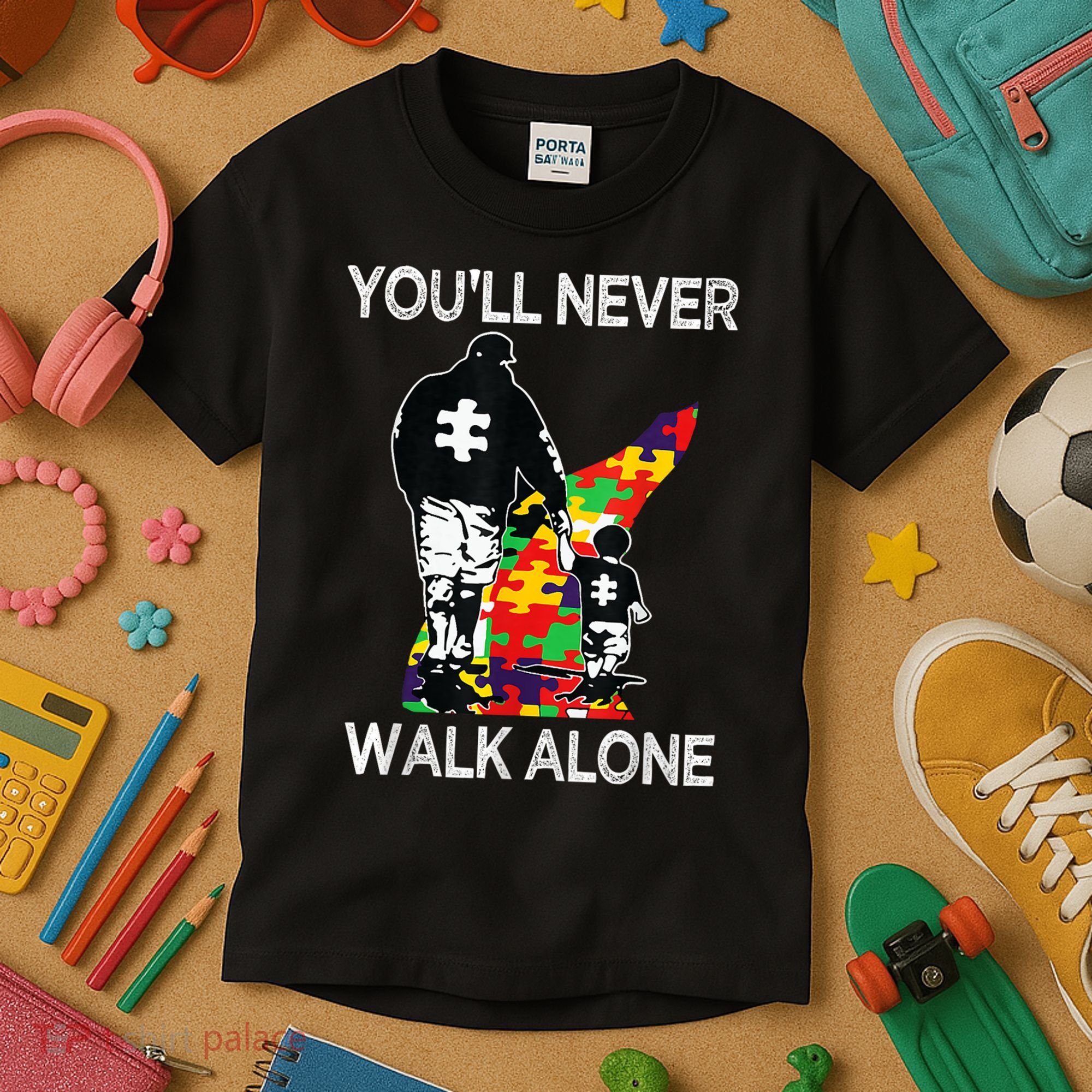 Autism Dad Support Alone Puzzle You'll Never Walk Kids T-Shirt