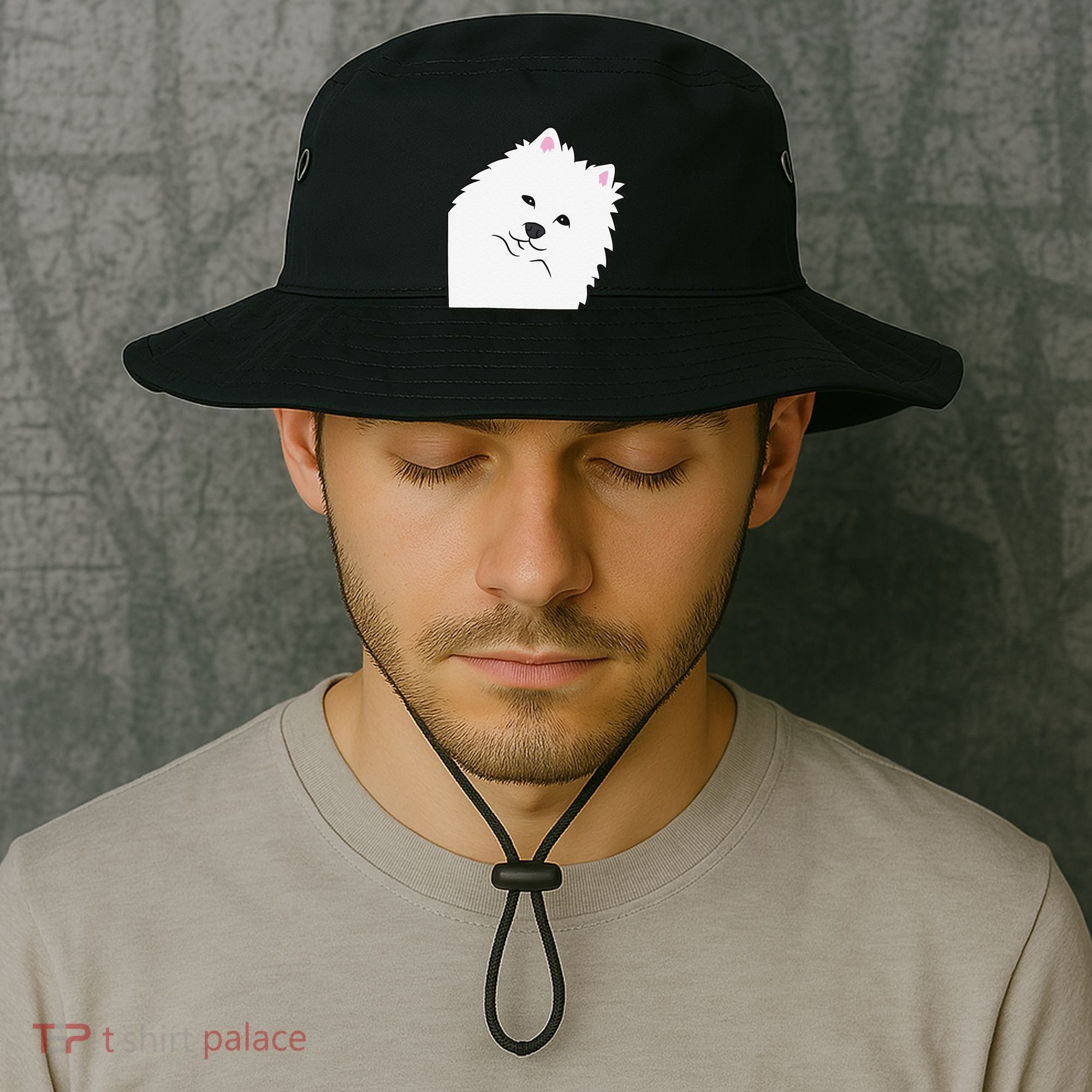 American Eskimo Dog Peeking From Side Cute American Eskimo Bucket Hat