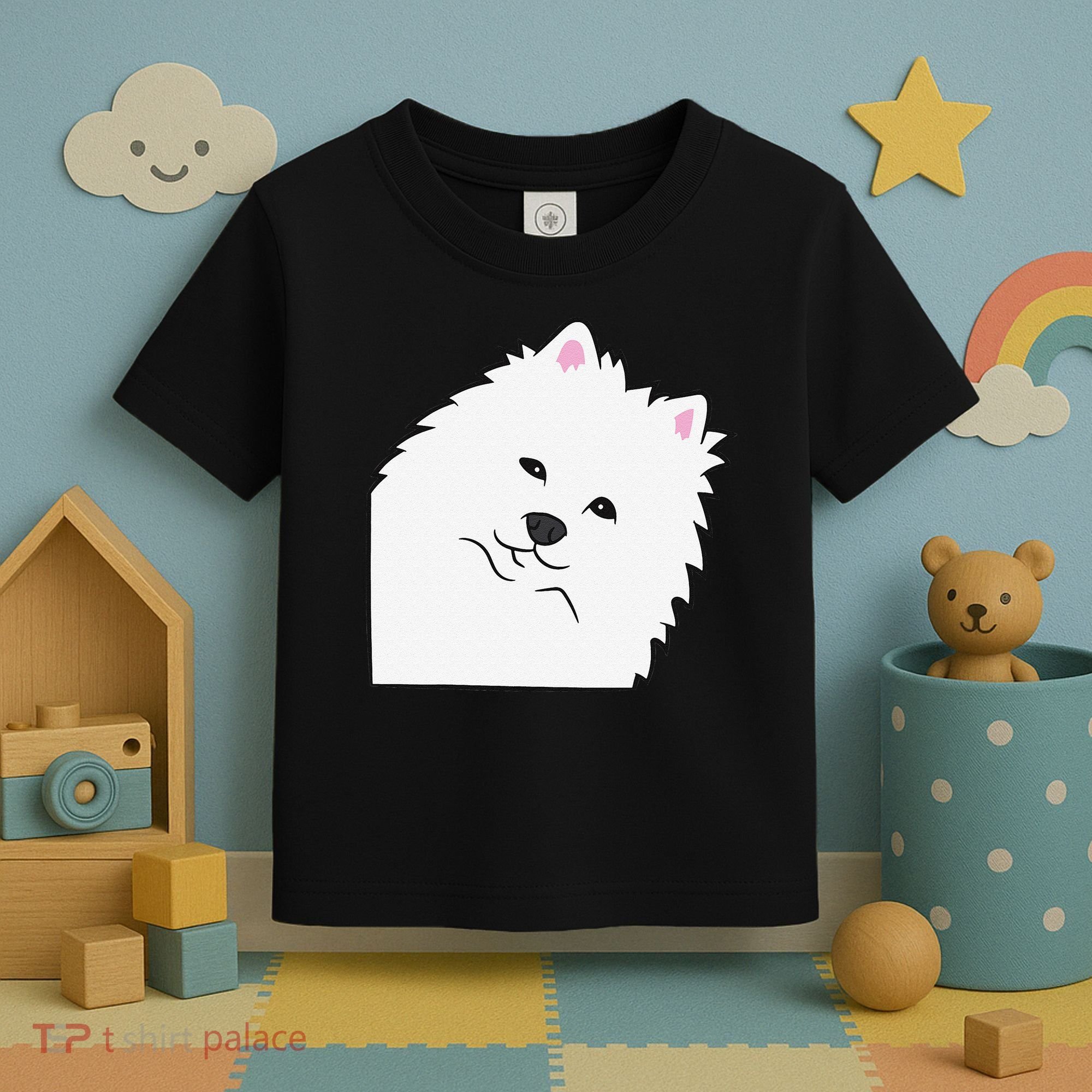 American Eskimo Dog Peeking From Side Cute American Eskimo Toddler T-Shirt