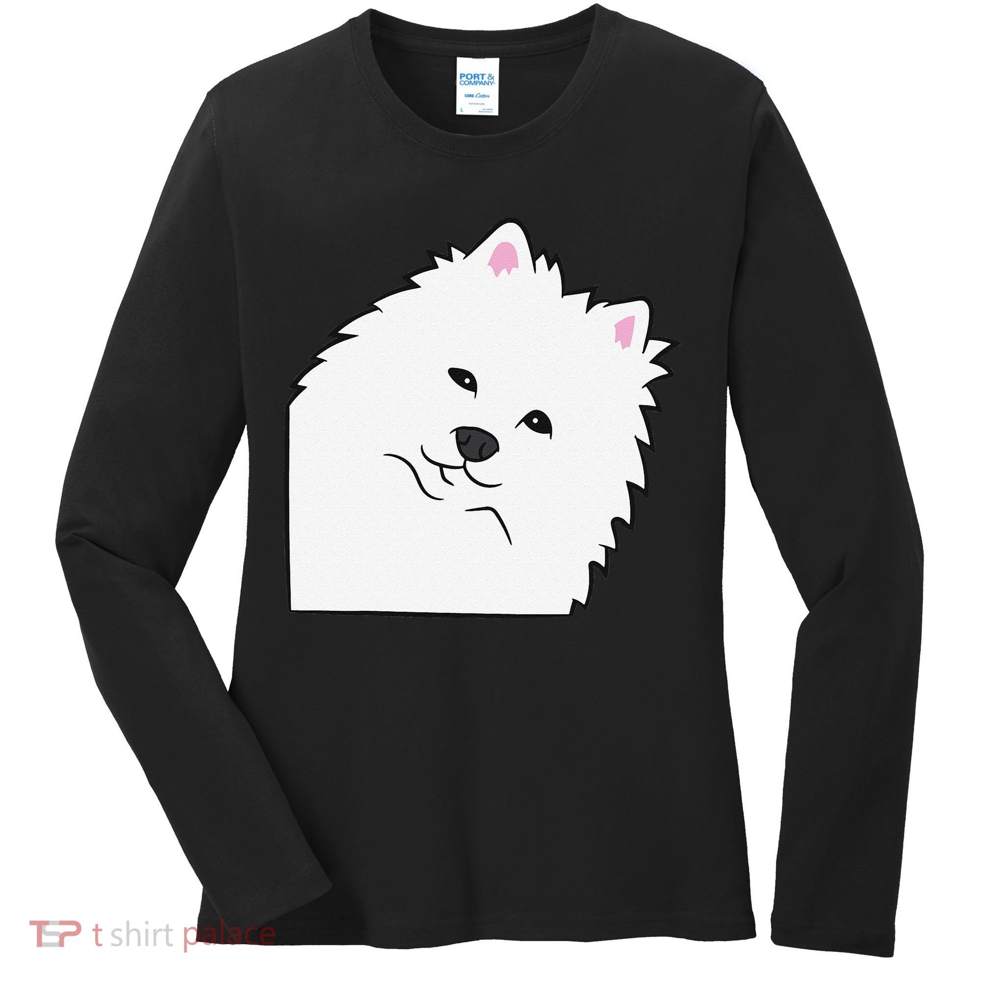 American Eskimo Dog Peeking From Side Cute American Eskimo Women's Long Sleeve Shirt