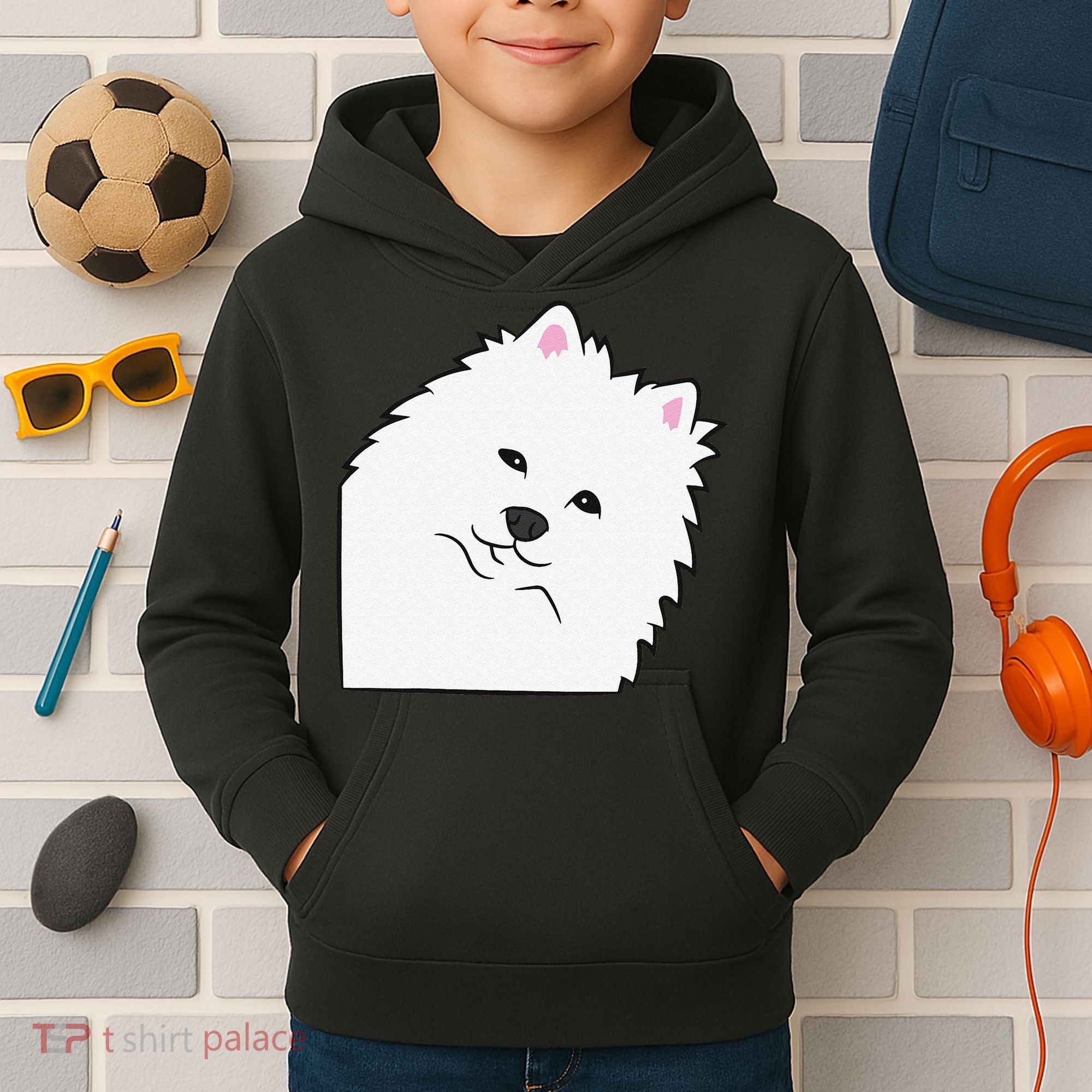 American Eskimo Dog Peeking From Side Cute American Eskimo Kids Hoodie