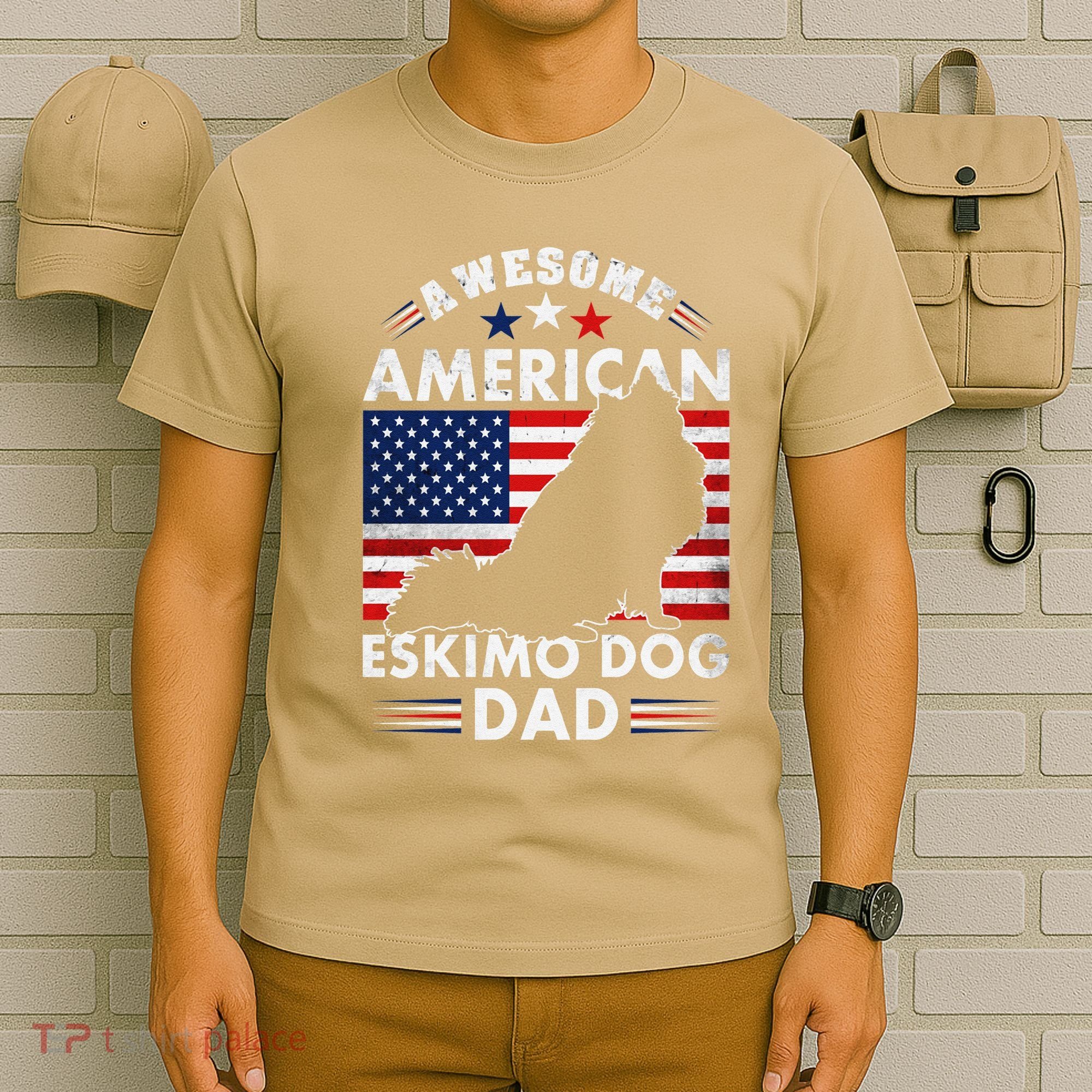 American Eskimo Dog Dad Owner Usa Flag 4th Of July America T-Shirt