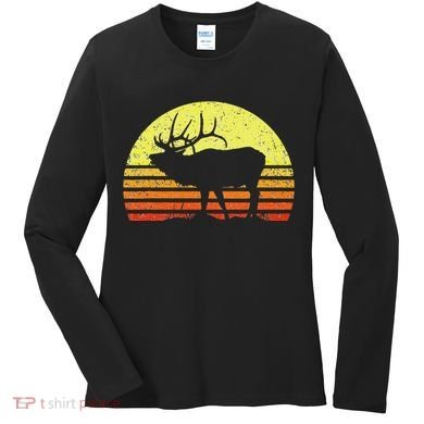 American Elk Hunter Dad Vintage Retro Sun Bow Hunting Gift Women's Long Sleeve Shirt