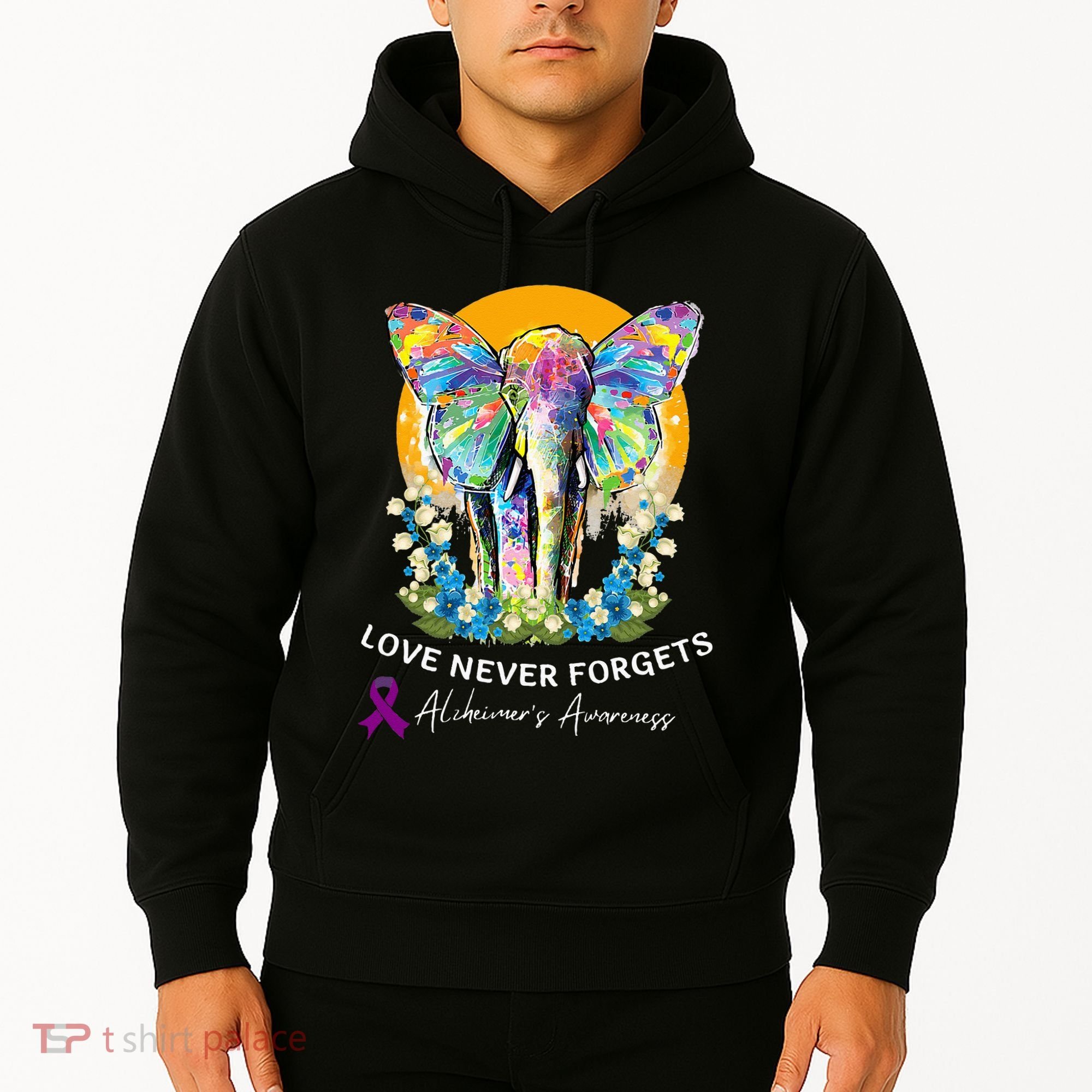 Alzheimer Elephant Love Never Forgets Alzheimer’s Awareness Hoodie