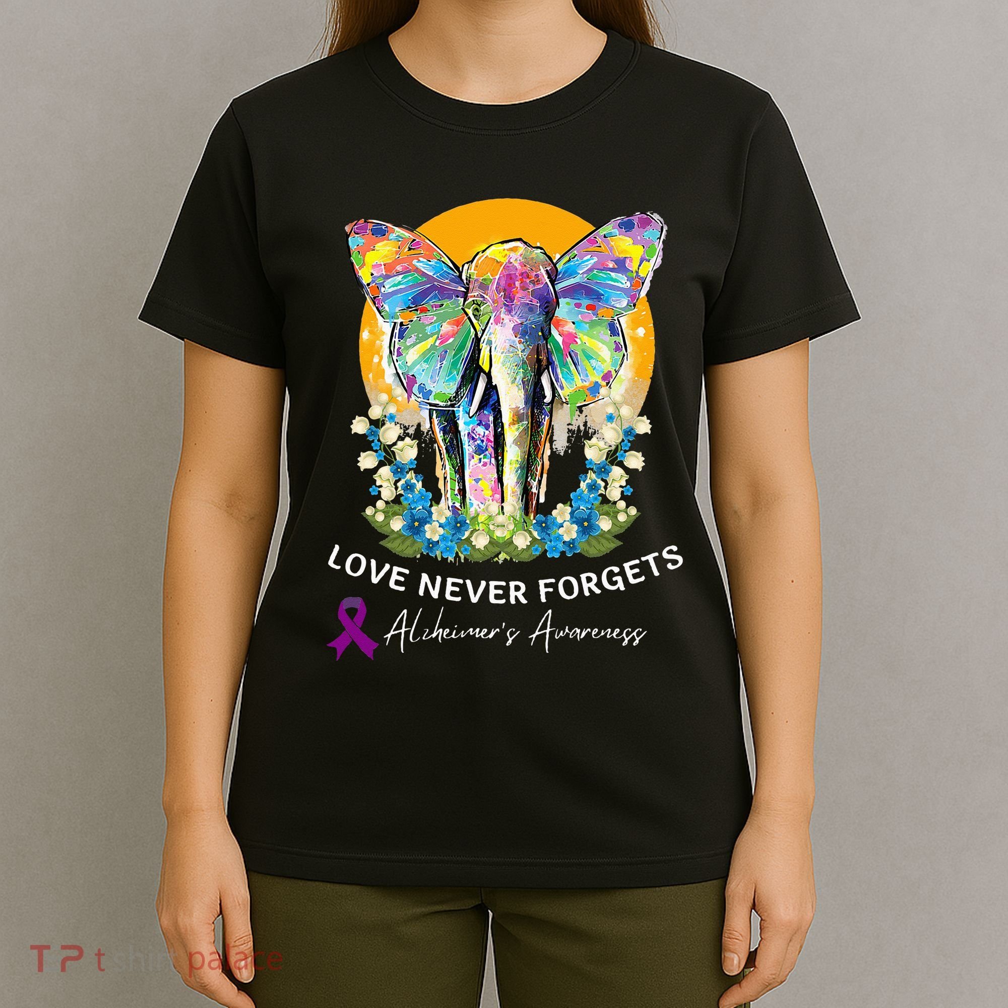 Alzheimer Elephant Love Never Forgets Alzheimer’s Awareness T-Shirt
