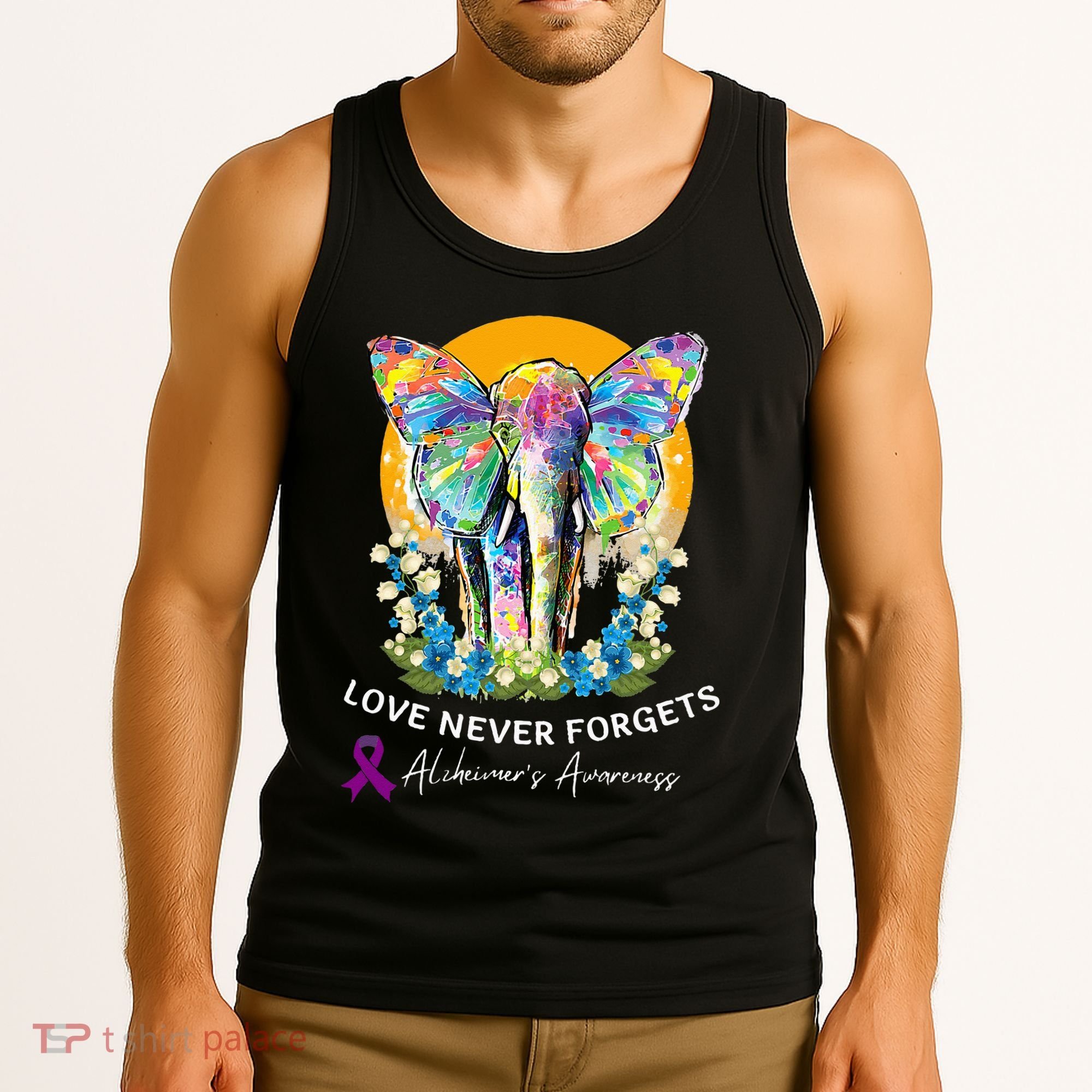 Alzheimer Elephant Love Never Forgets Alzheimer’s Awareness Tank Top