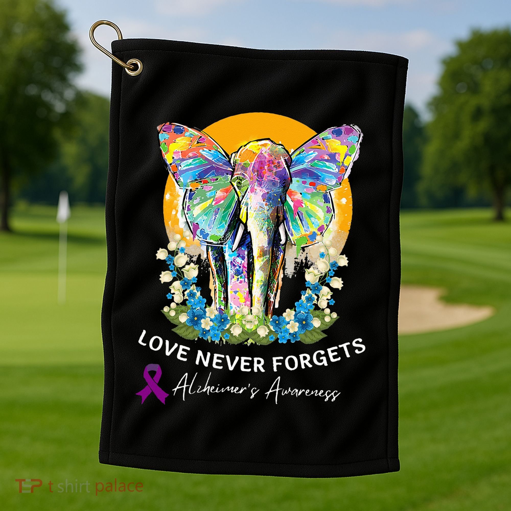 Alzheimer Elephant Love Never Forgets Alzheimer’s Awareness Golf Towel