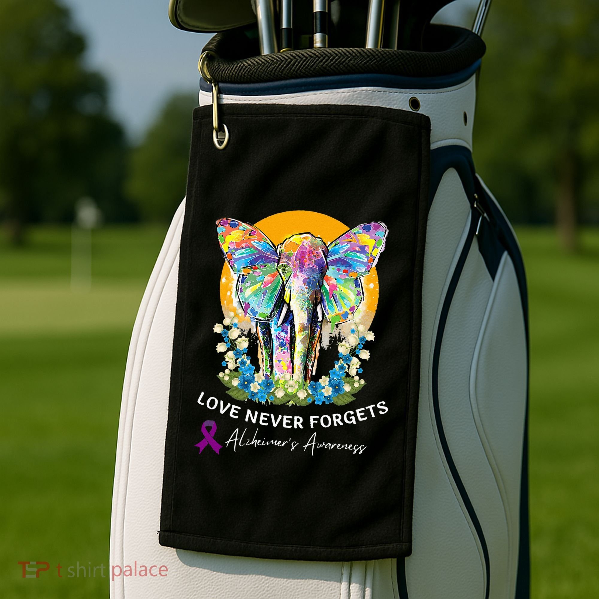 Alzheimer Elephant Love Never Forgets Alzheimer’s Awareness Golf Towel