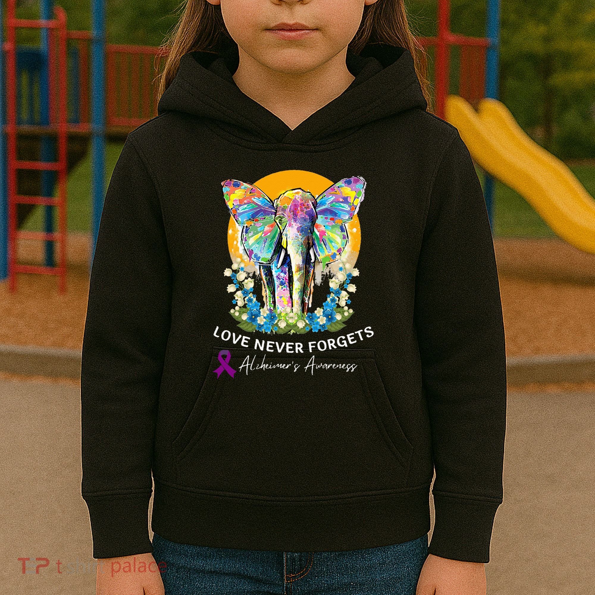 Alzheimer Elephant Love Never Forgets Alzheimer’s Awareness Kids Hoodie