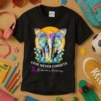 Alzheimer Elephant Love Never Forgets Alzheimer’s Awareness Kids T-Shirt thumb 3