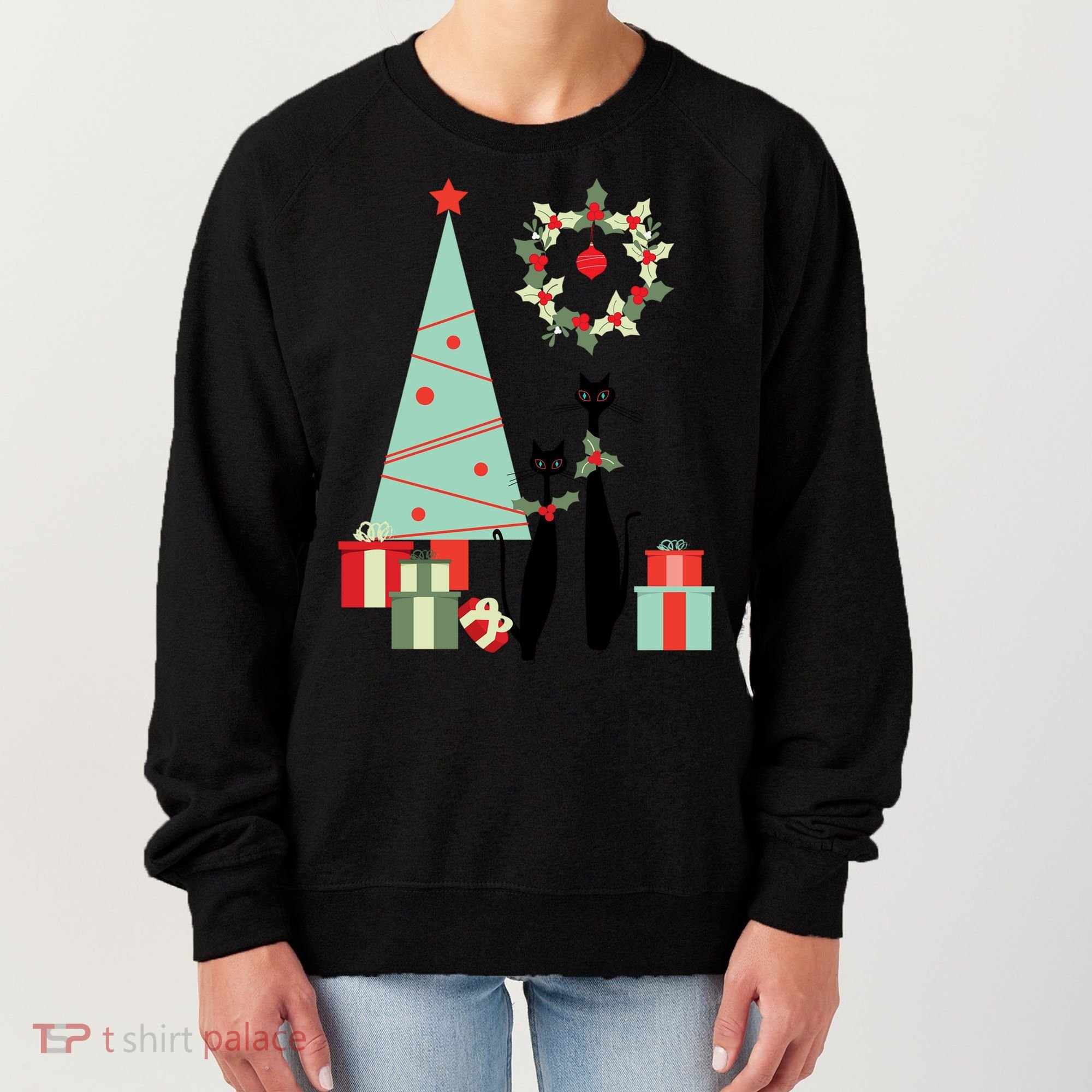 Atomic Era Mid Century Modern Cool Cat Pair Christmas Tree Gift Women's Sweatshirt