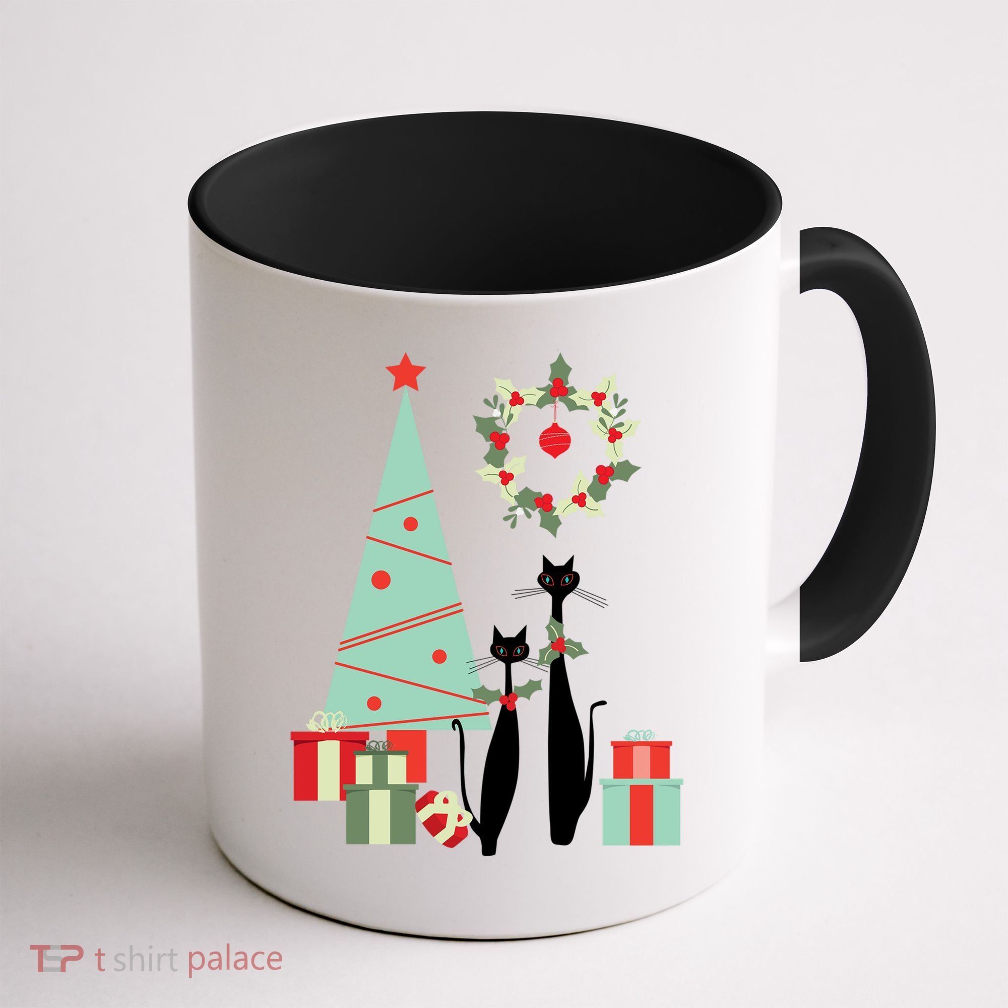 Atomic Era Mid Century Modern Cool Cat Pair Christmas Tree Gift Coffee Mug