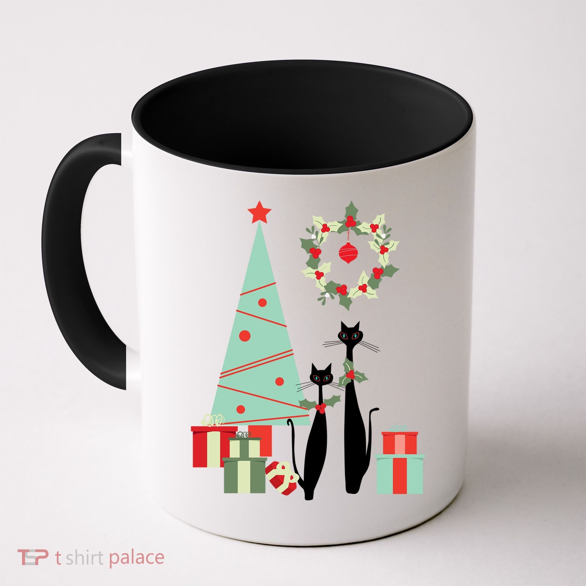 Atomic Era Mid Century Modern Cool Cat Pair Christmas Tree Gift Coffee Mug
