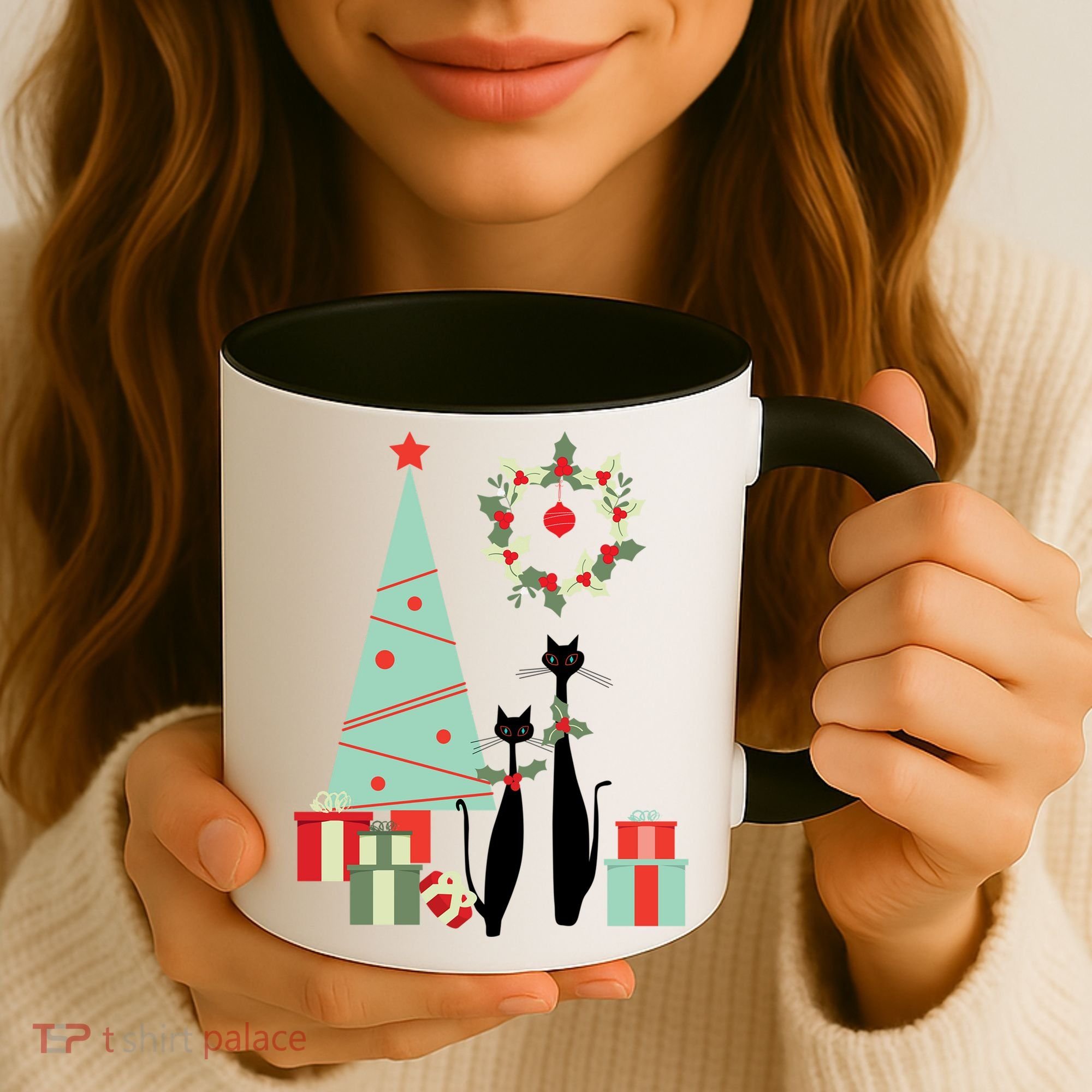 Atomic Era Mid Century Modern Cool Cat Pair Christmas Tree Gift Coffee Mug