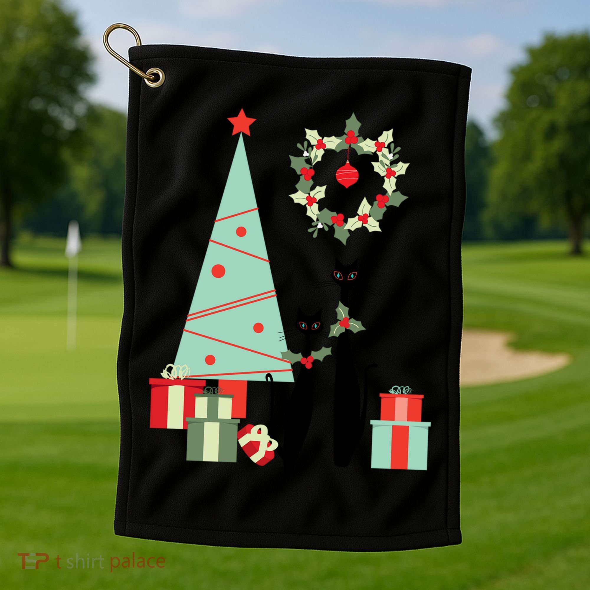 Atomic Era Mid Century Modern Cool Cat Pair Christmas Tree Gift Golf Towel