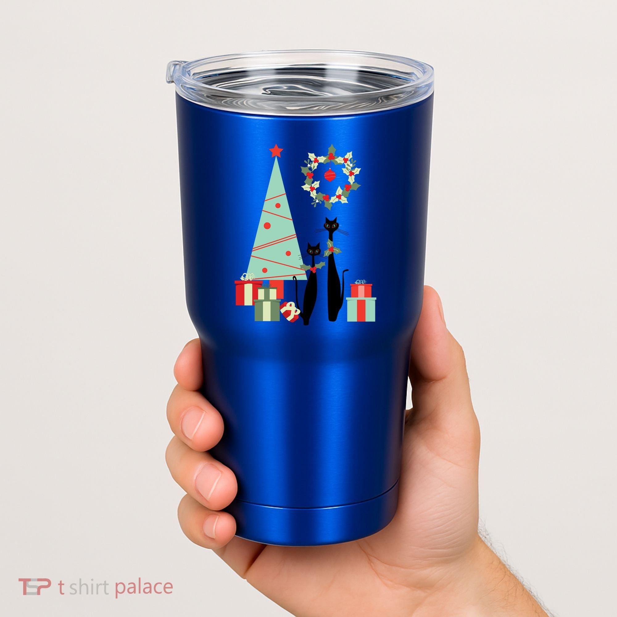 Atomic Era Mid Century Modern Cool Cat Pair Christmas Tree Gift Tumbler