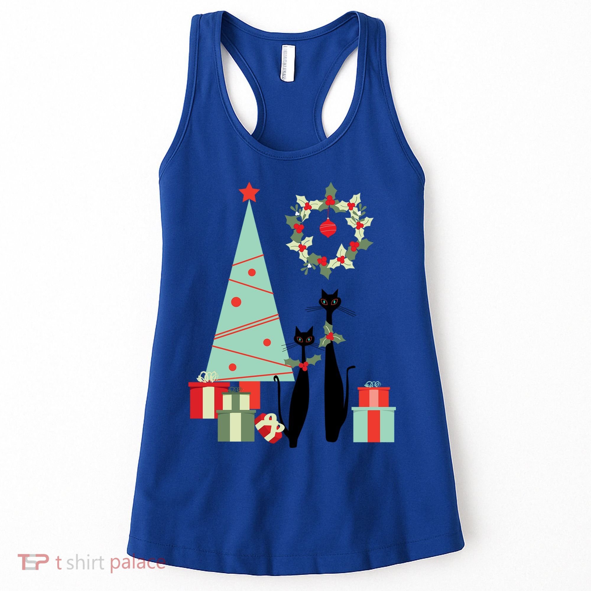 Atomic Era Mid Century Modern Cool Cat Pair Christmas Tree Gift Women's Tank Top
