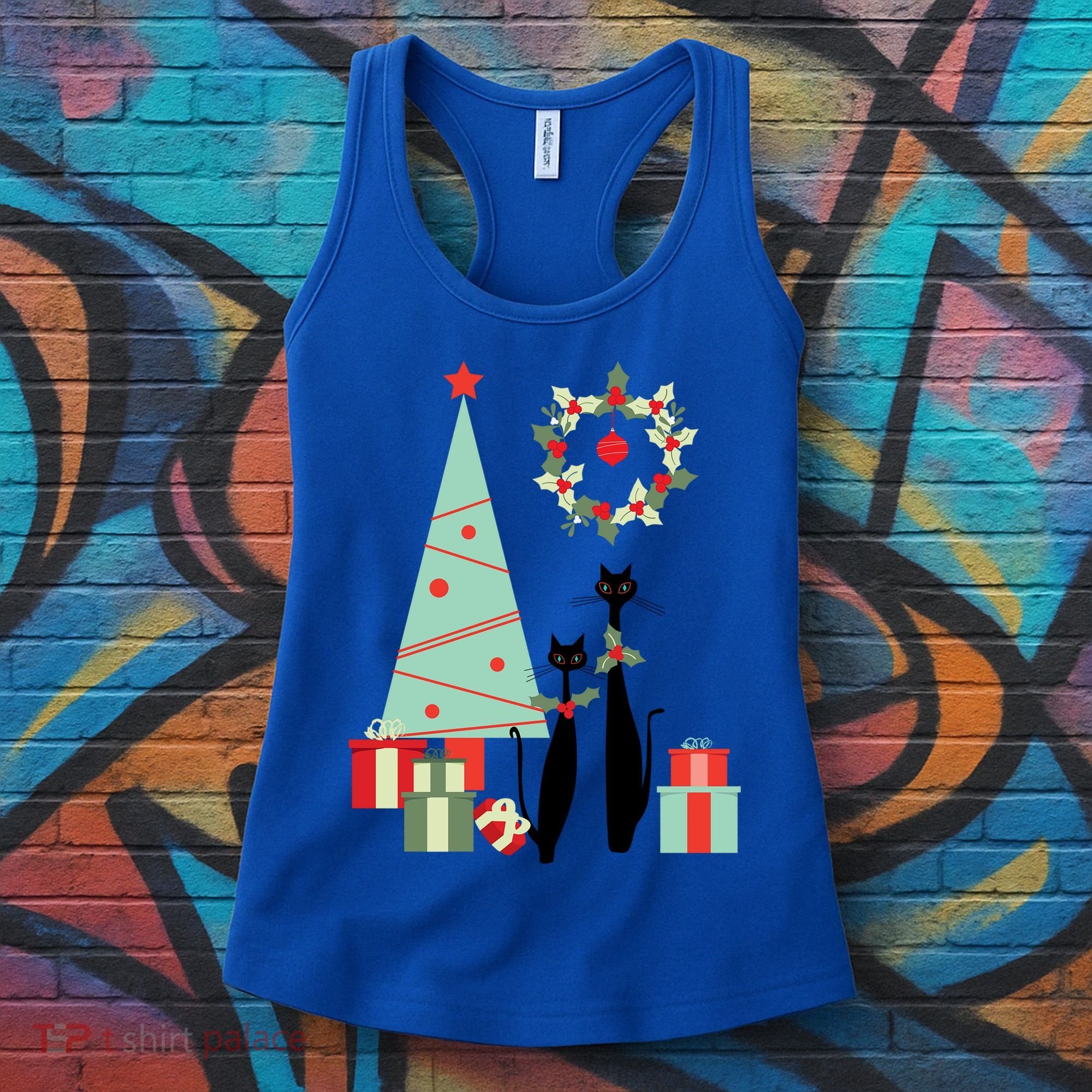 Atomic Era Mid Century Modern Cool Cat Pair Christmas Tree Gift Women's Tank Top