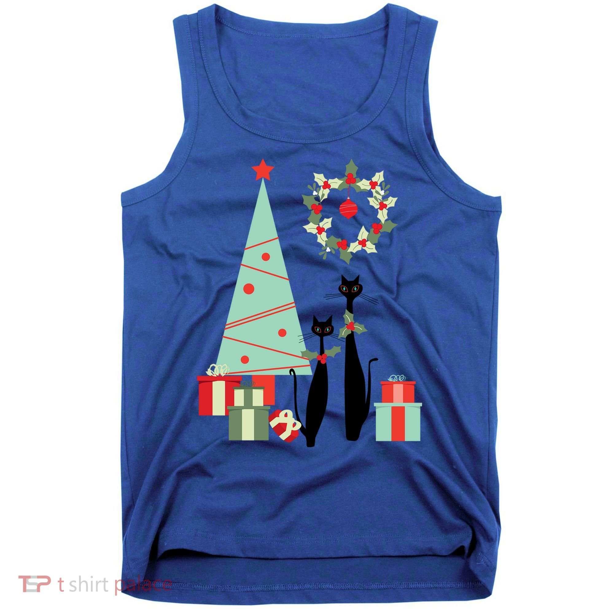 Atomic Era Mid Century Modern Cool Cat Pair Christmas Tree Gift Tank Top
