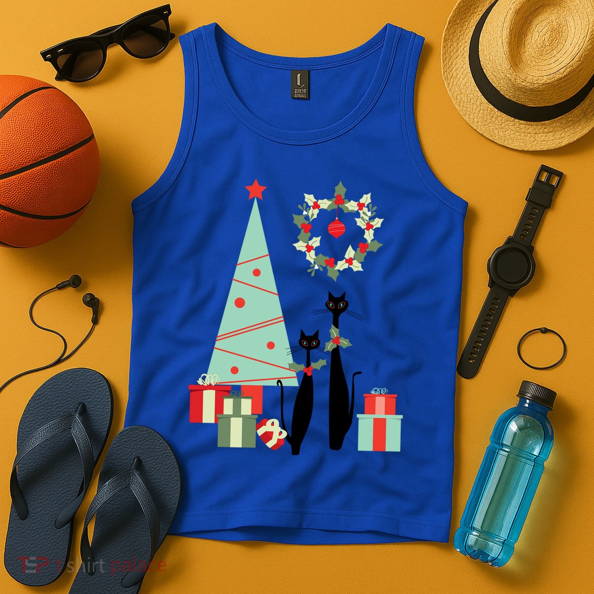 Atomic Era Mid Century Modern Cool Cat Pair Christmas Tree Gift Tank Top