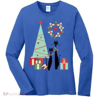 Atomic Era Mid Century Modern Cool Cat Pair Christmas Tree Gift Women's Long Sleeve Shirt