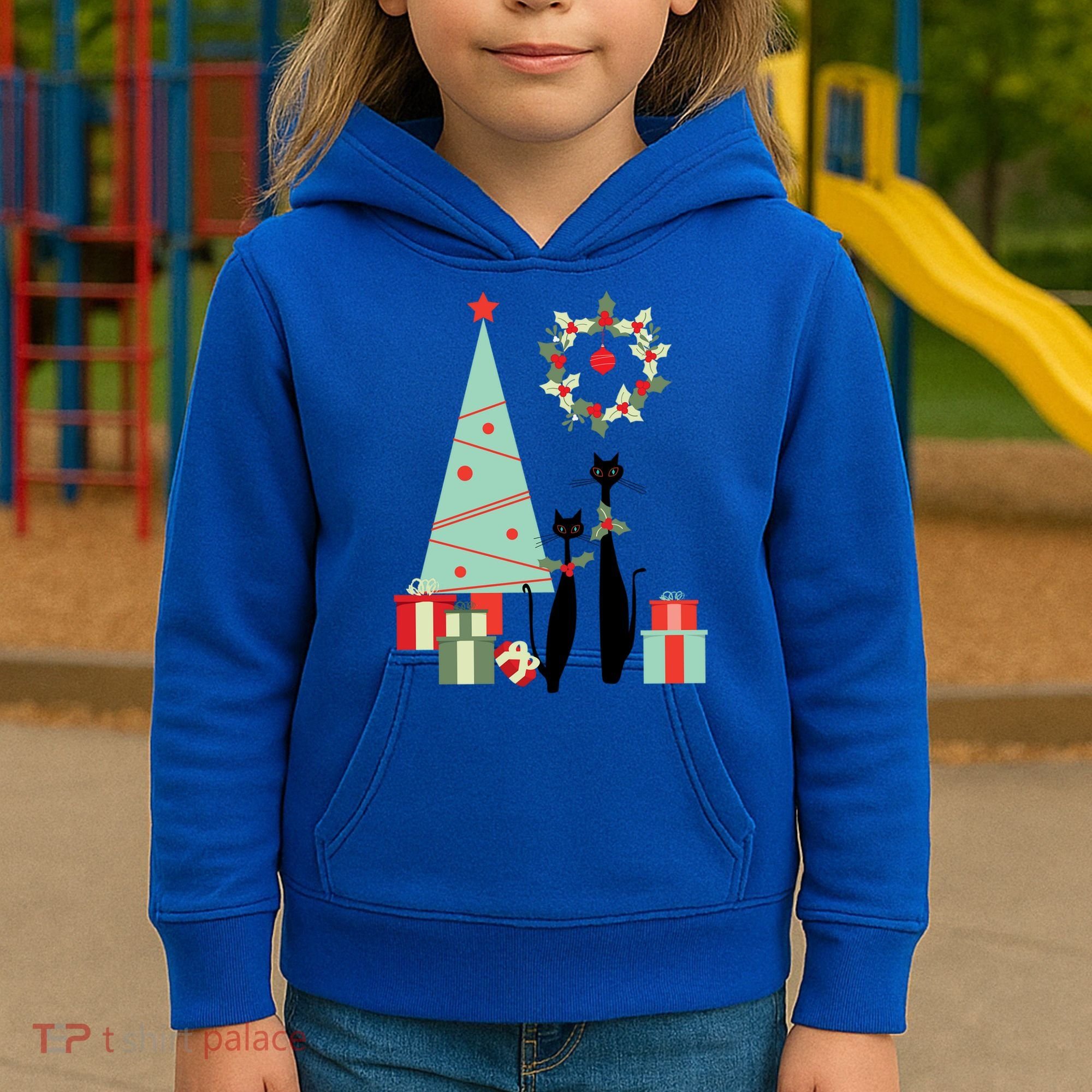 Atomic Era Mid Century Modern Cool Cat Pair Christmas Tree Gift Kids Hoodie