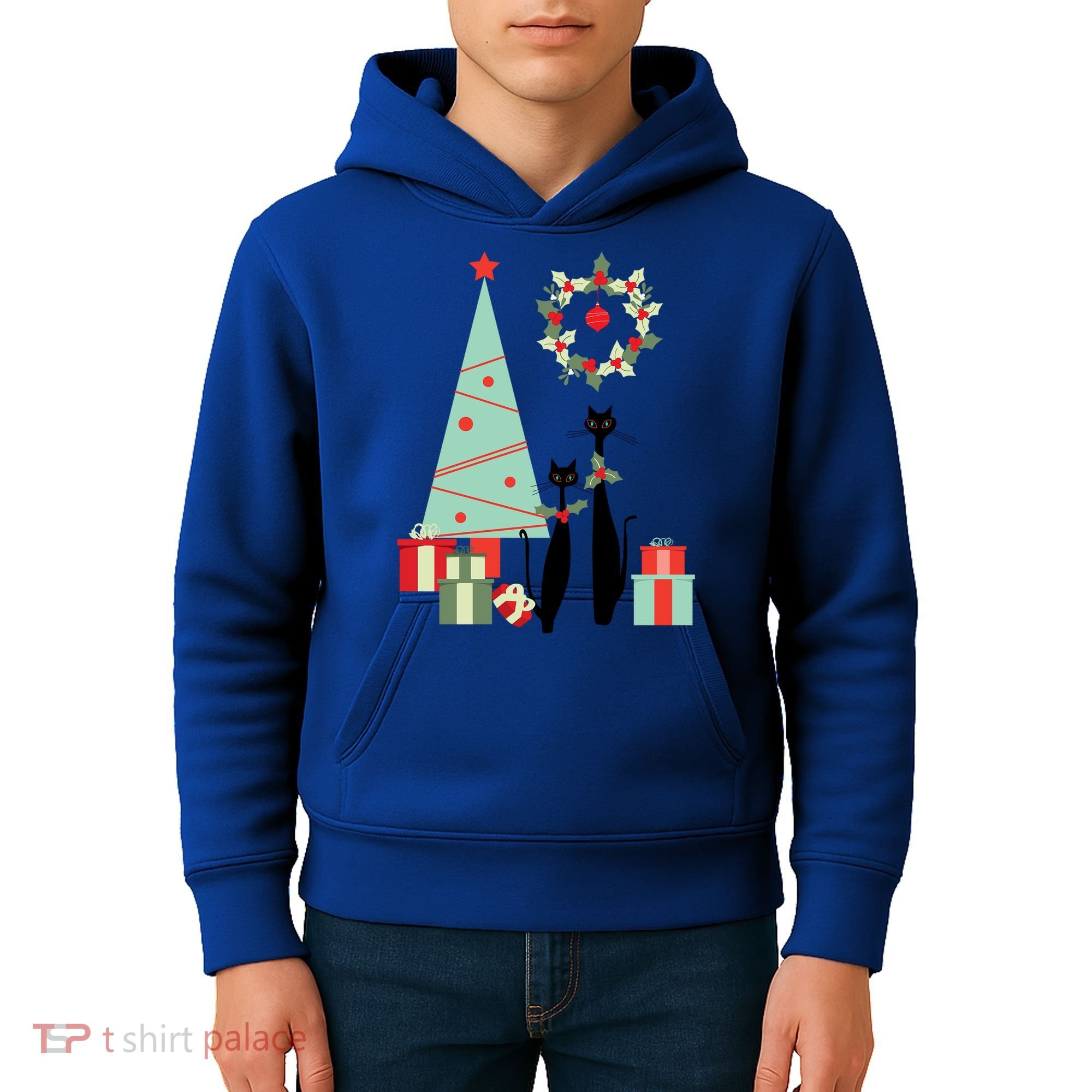 Atomic Era Mid Century Modern Cool Cat Pair Christmas Tree Gift Kids Hoodie