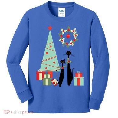 Atomic Era Mid Century Modern Cool Cat Pair Christmas Tree Gift Kids Long Sleeve Shirt