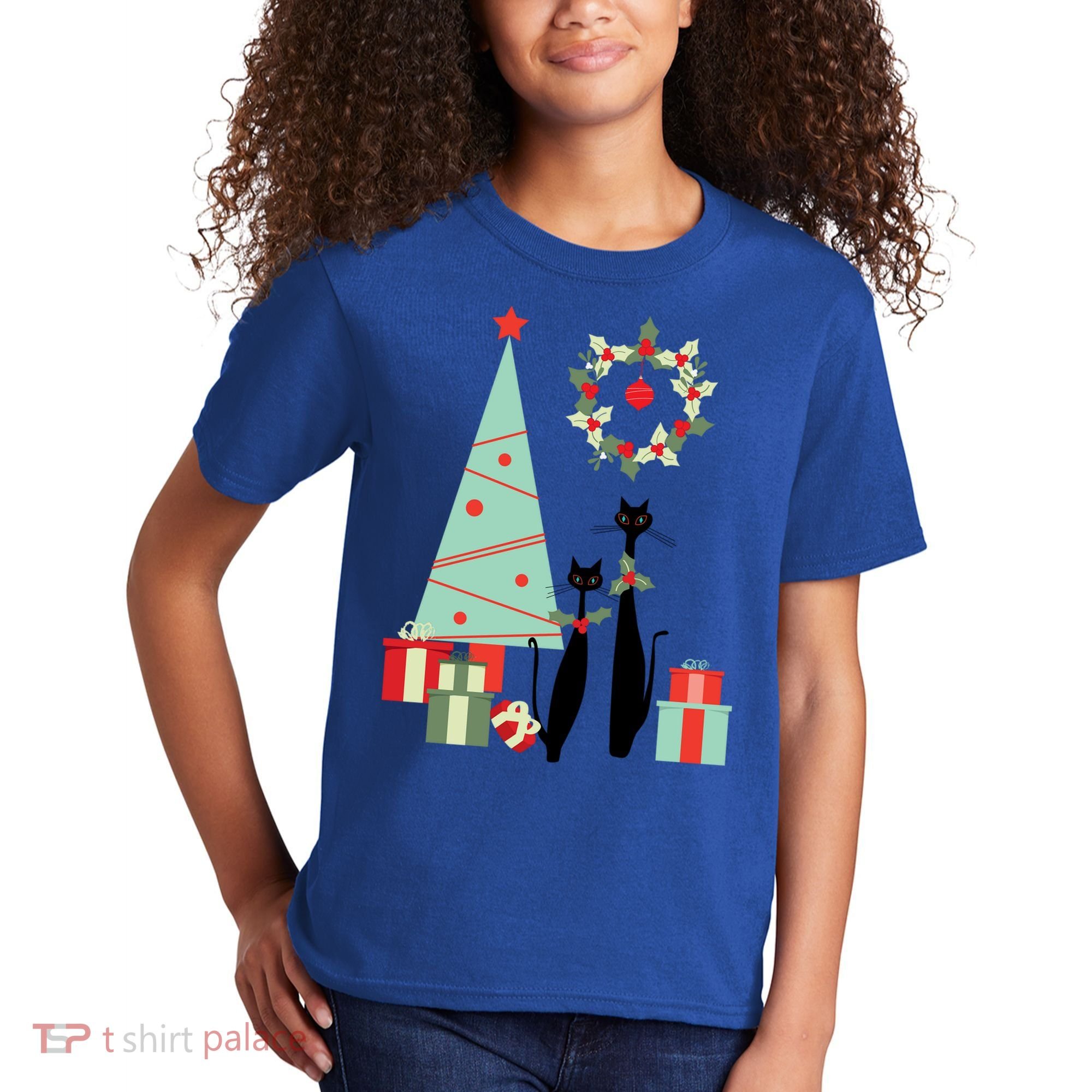 Atomic Era Mid Century Modern Cool Cat Pair Christmas Tree Gift Kids T-Shirt