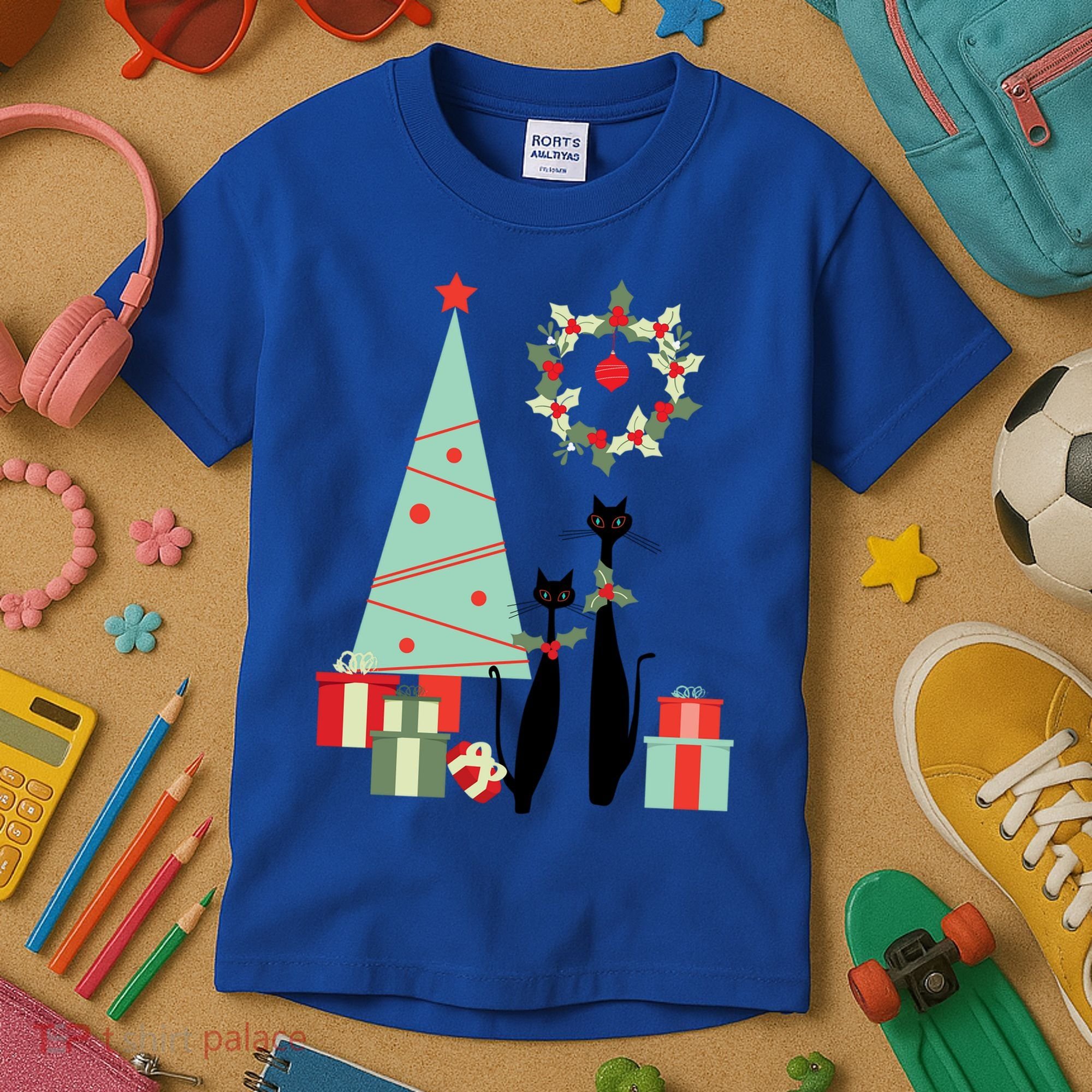 Atomic Era Mid Century Modern Cool Cat Pair Christmas Tree Gift Kids T-Shirt
