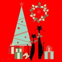 Atomic Era Mid Century Modern Cool Cat Pair Christmas Tree Gift Santa Hat thumb 1