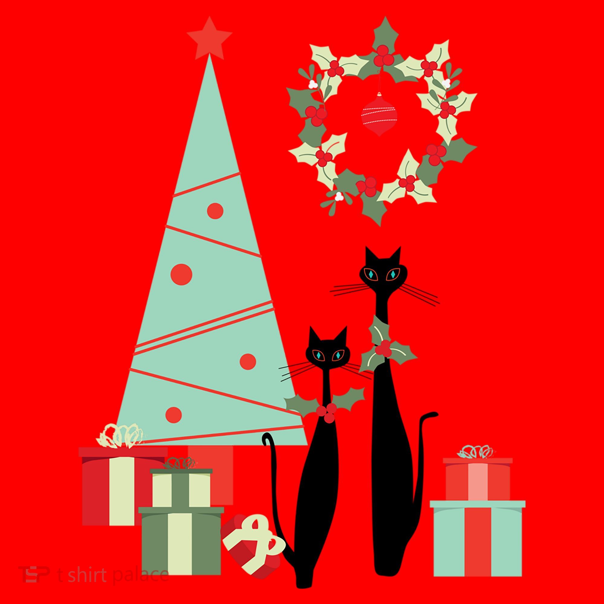 Atomic Era Mid Century Modern Cool Cat Pair Christmas Tree Gift Santa Hat