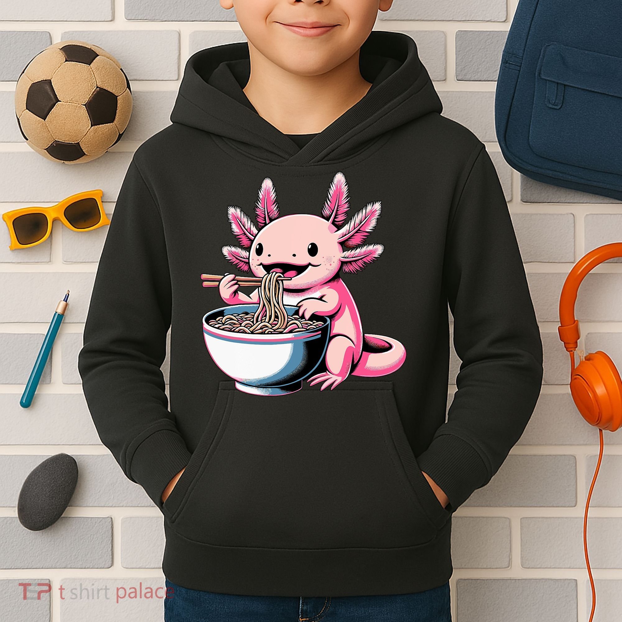 Axolotl Eating Ramen Lover Kawaii Axolotl Kids Hoodie