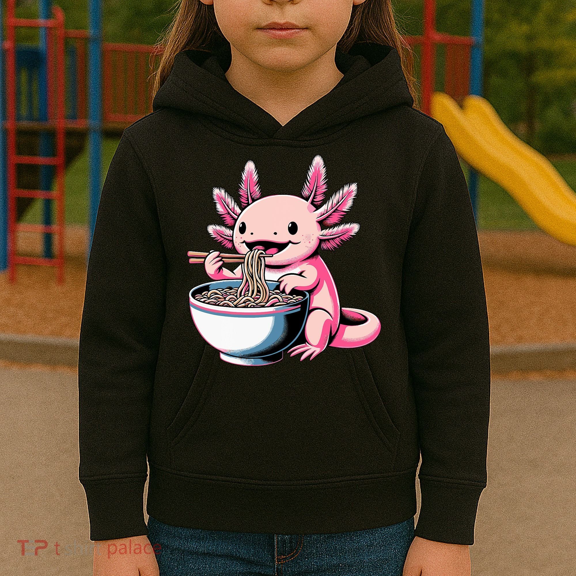 Axolotl Eating Ramen Lover Kawaii Axolotl Kids Hoodie