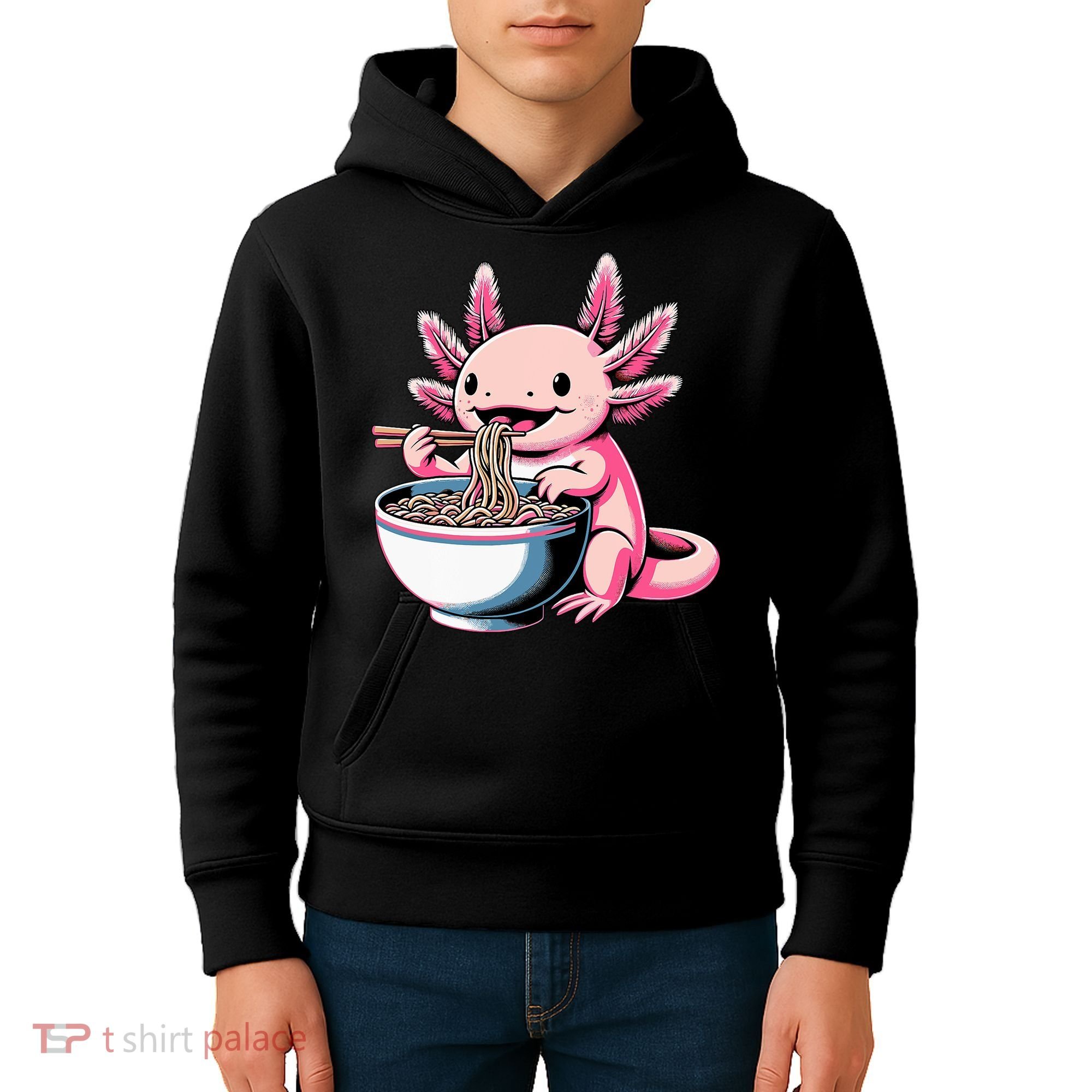Axolotl Eating Ramen Lover Kawaii Axolotl Kids Hoodie