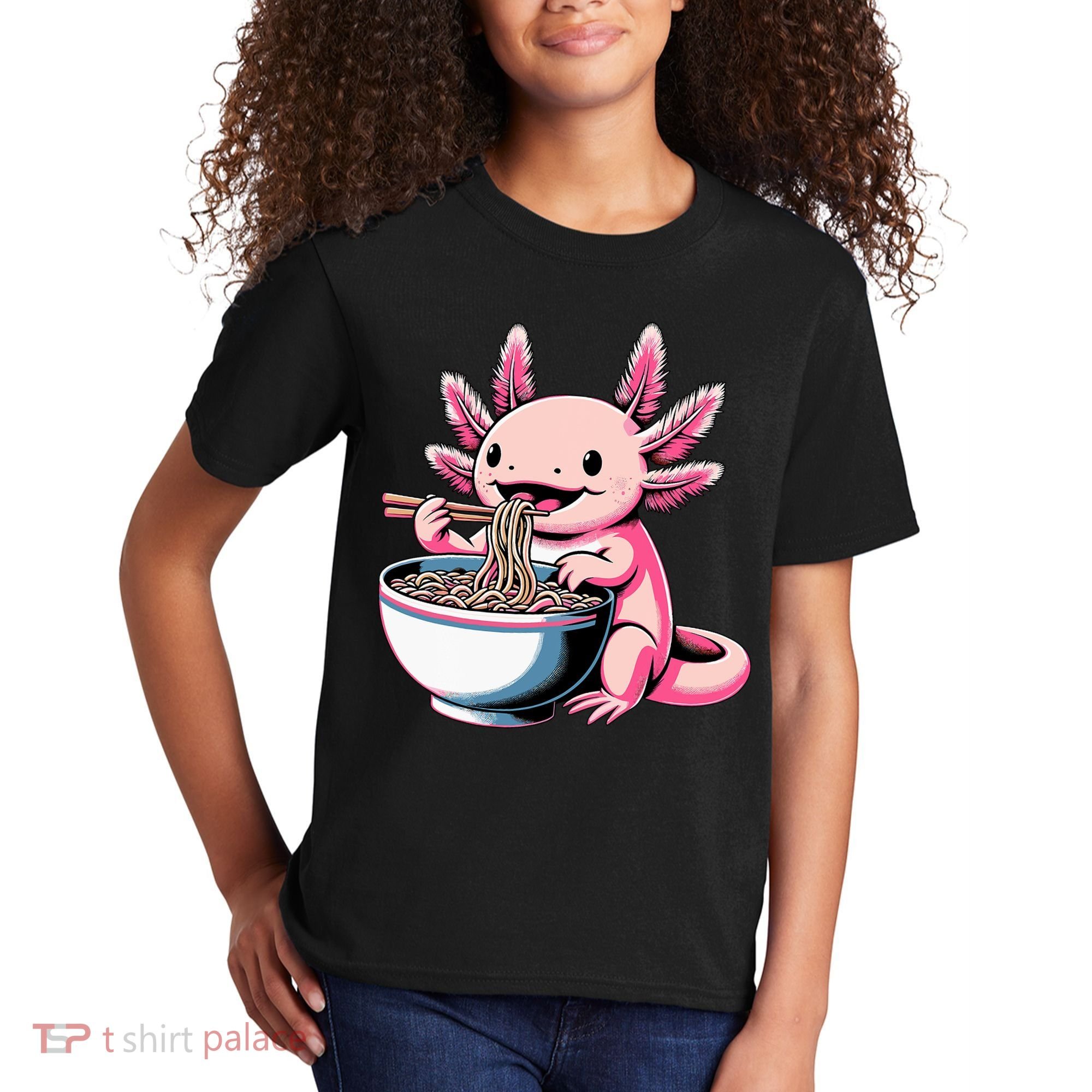Axolotl Eating Ramen Lover Kawaii Axolotl Kids T-Shirt