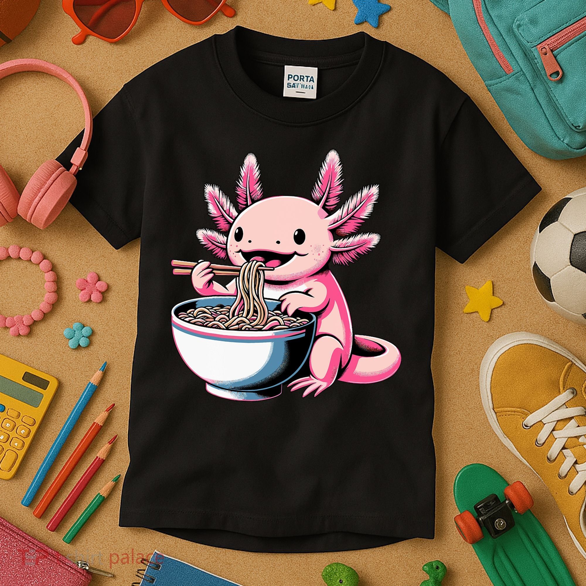 Axolotl Eating Ramen Lover Kawaii Axolotl Kids T-Shirt