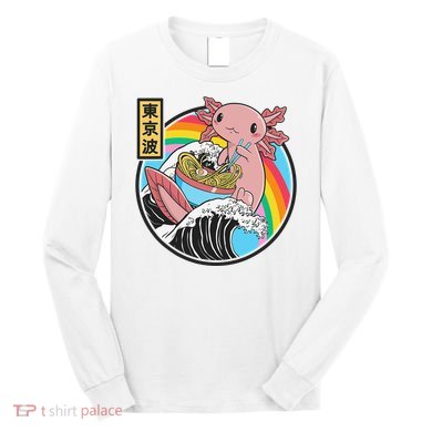 Axolotl Eating Ra Kanagawa Wave Kawaii Anime Vaporwave  Long Sleeve Shirt