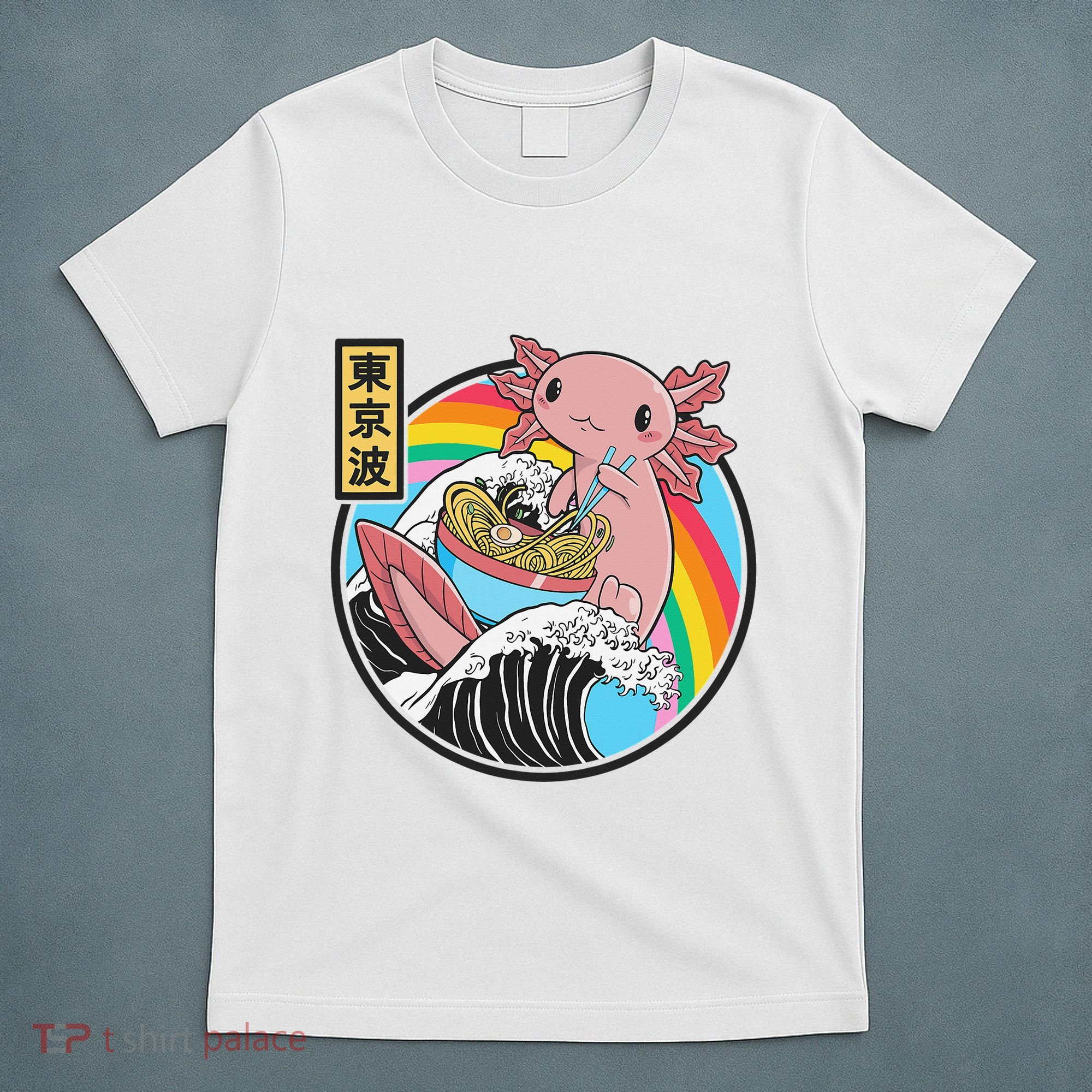 Axolotl Eating Ra Kanagawa Wave Kawaii Anime Vaporwave  T-Shirt