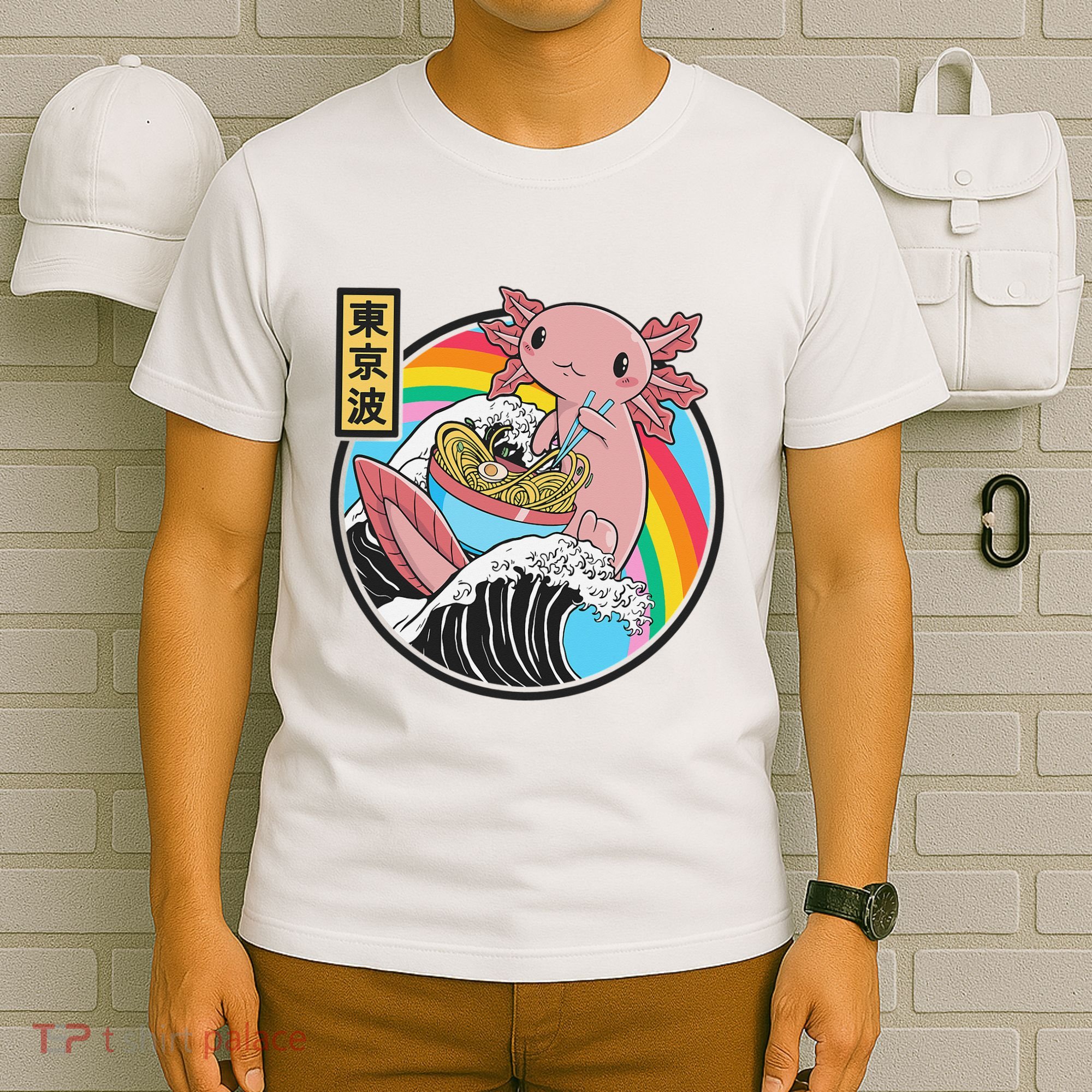Axolotl Eating Ra Kanagawa Wave Kawaii Anime Vaporwave  T-Shirt
