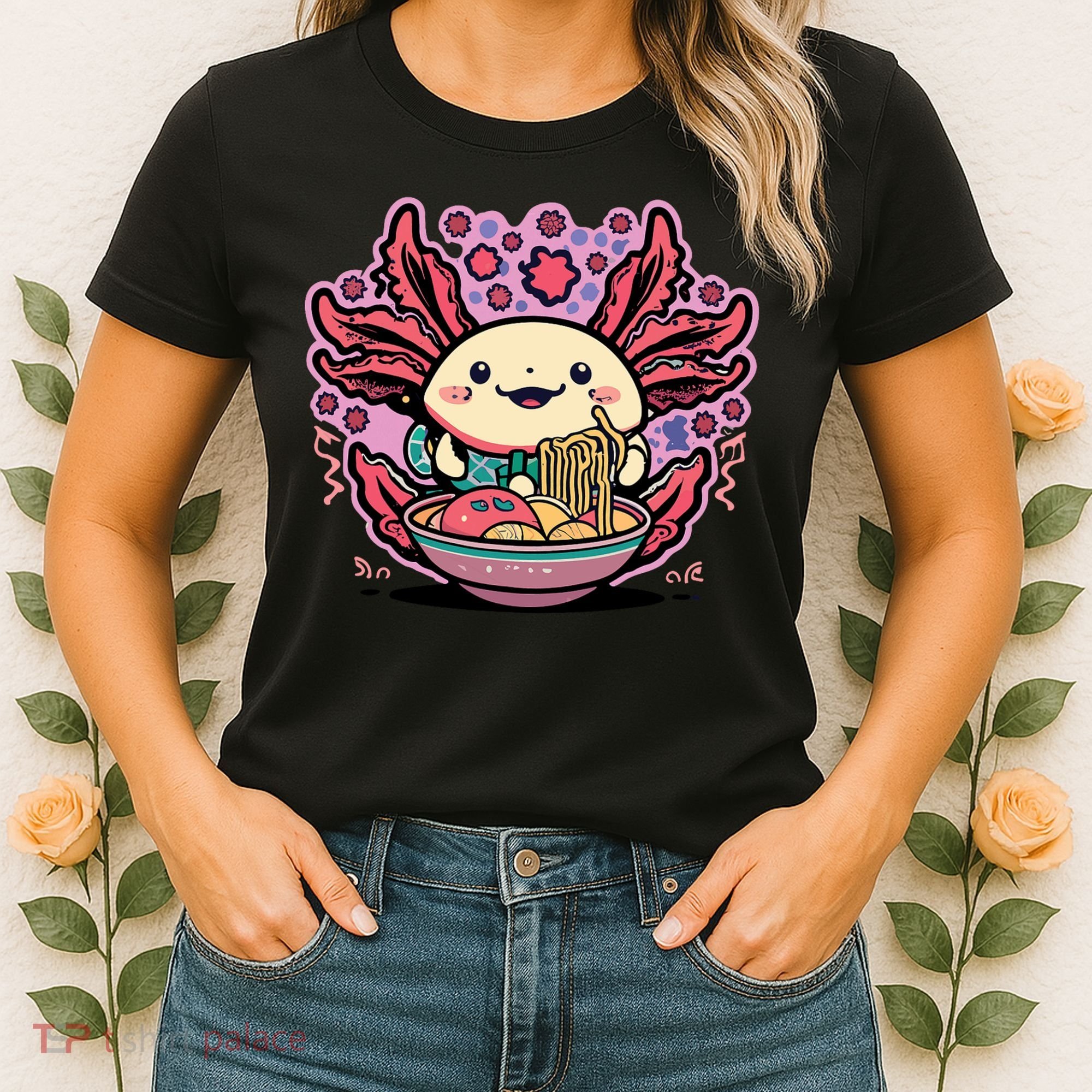 Axolotl Eating Ramen Noodles Cup Pi.nk Kawaii Anime Axolotls Women's T-Shirt