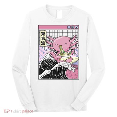 Axolotl Eating Ra Kanagawa Wave Kawaii Japan Vaporwave  Long Sleeve Shirt
