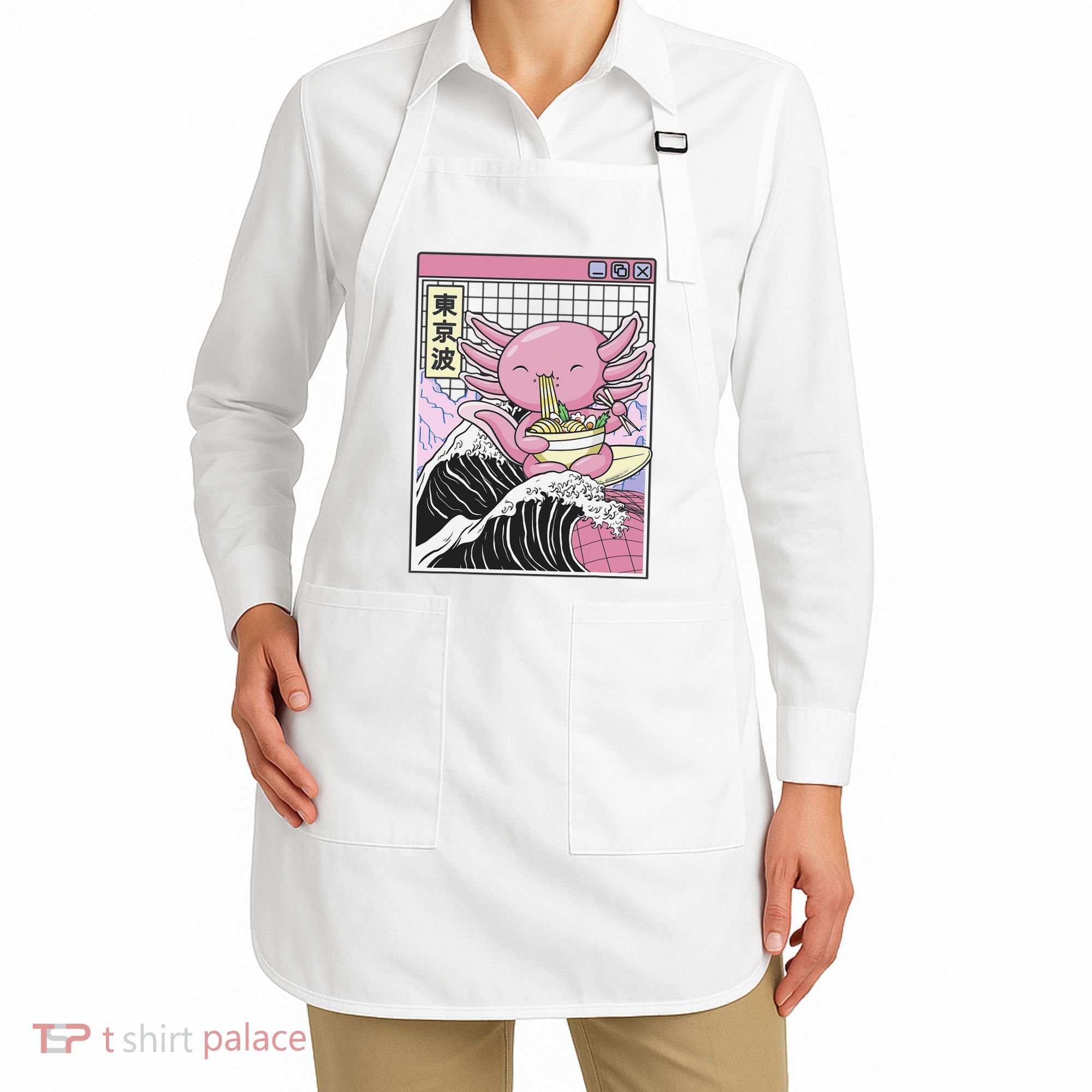 Axolotl Eating Ra Kanagawa Wave Kawaii Japan Vaporwave  Apron