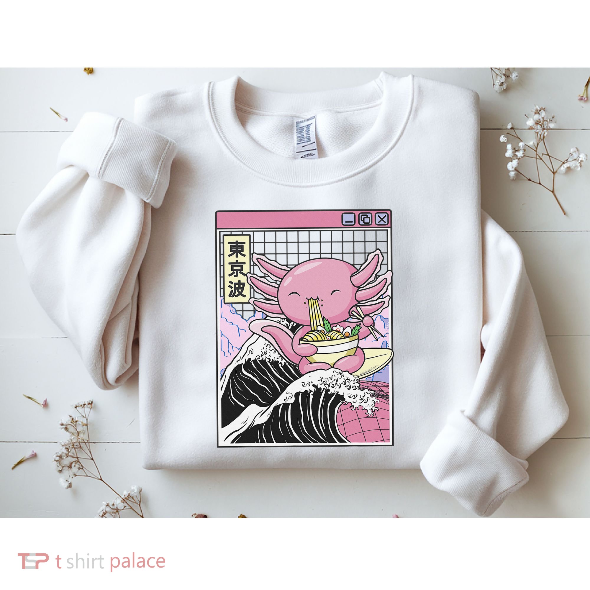 Axolotl Eating Ra Kanagawa Wave Kawaii Japan Vaporwave  Sweatshirt