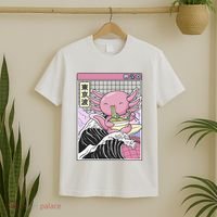 Axolotl Eating Ra Kanagawa Wave Kawaii Japan Vaporwave  T-Shirt thumb 2