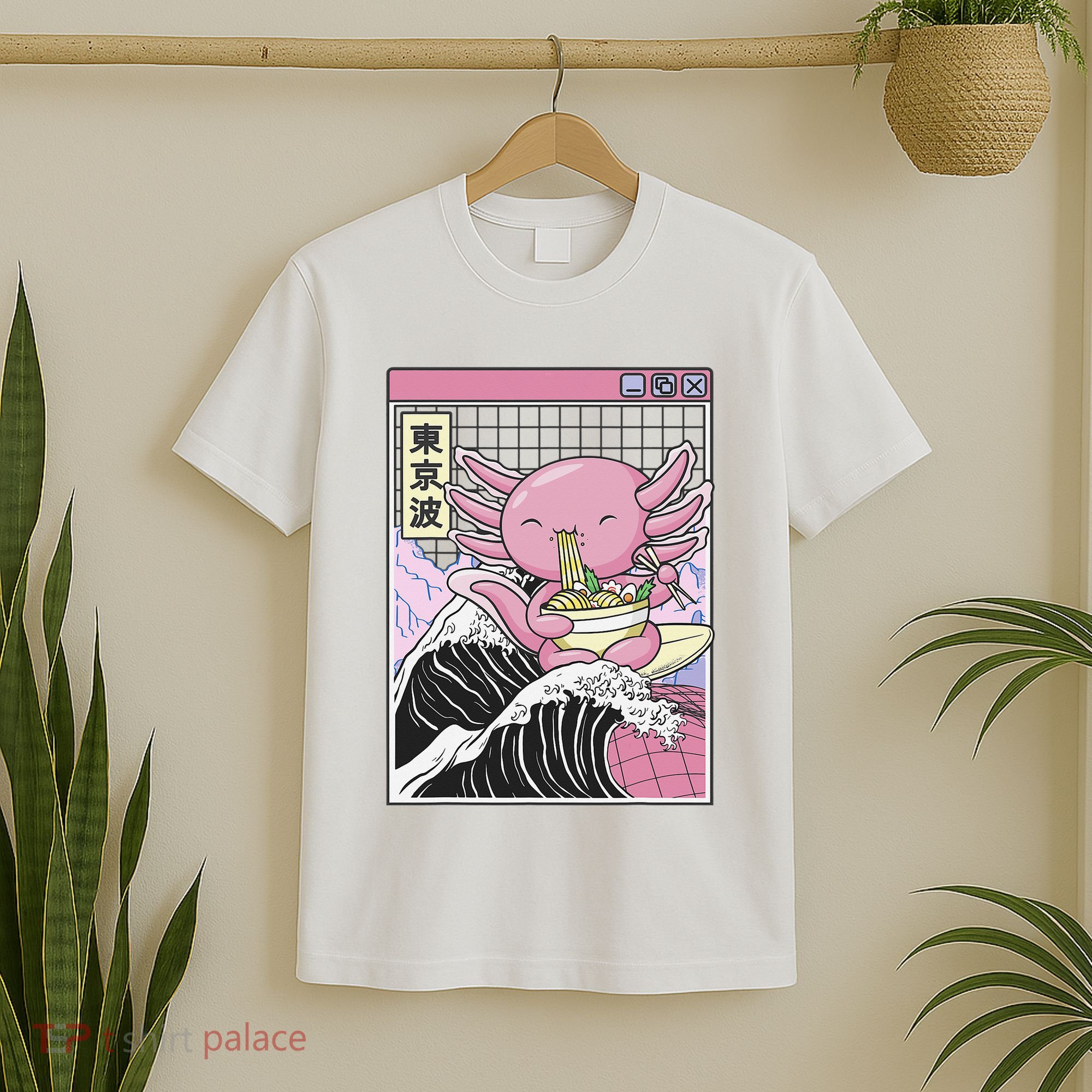 Axolotl Eating Ra Kanagawa Wave Kawaii Japan Vaporwave  T-Shirt