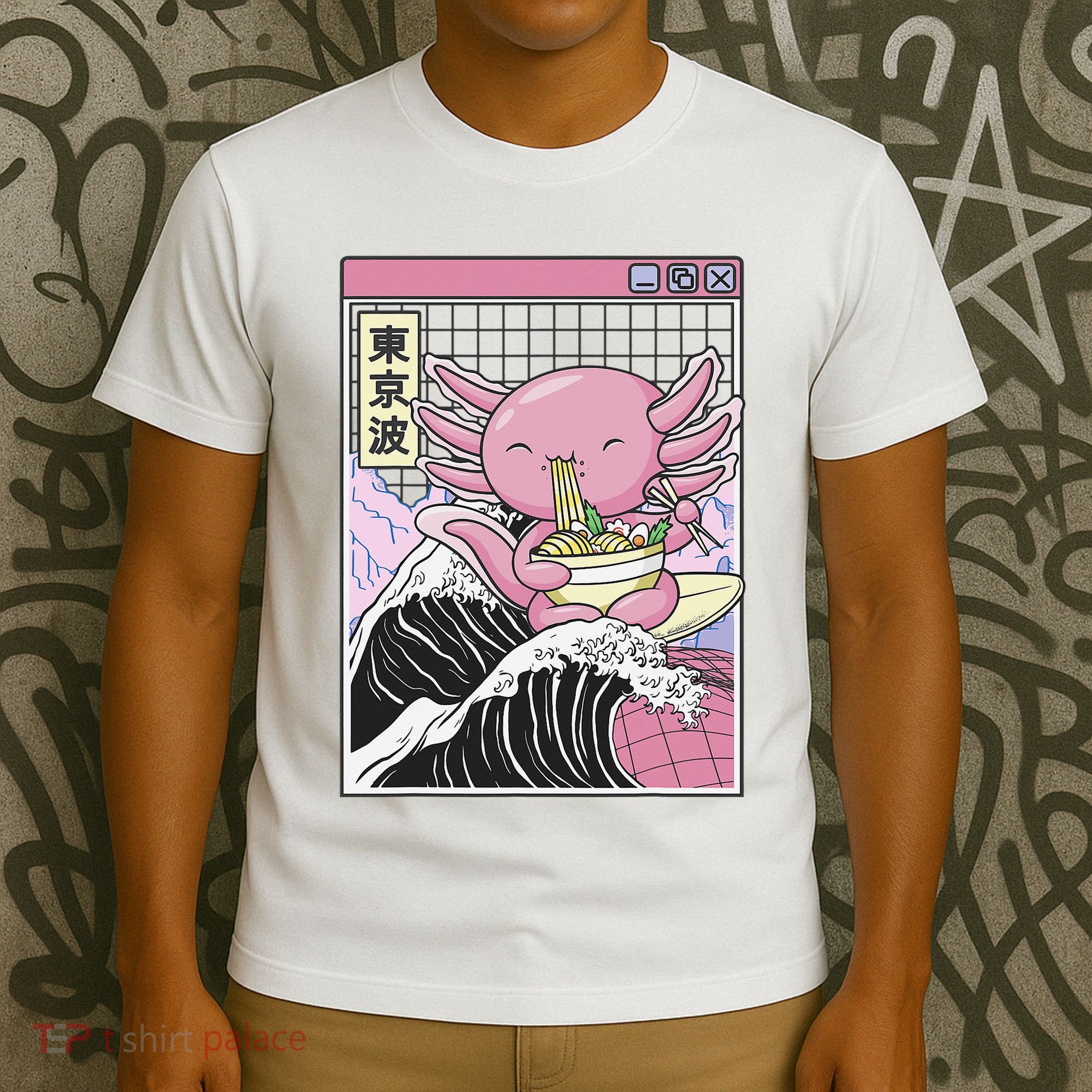 Axolotl Eating Ra Kanagawa Wave Kawaii Japan Vaporwave  T-Shirt