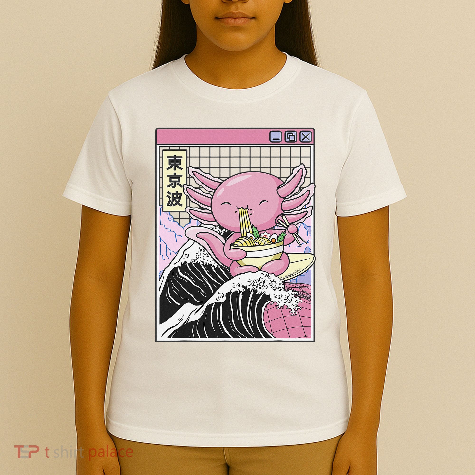 Axolotl Eating Ra Kanagawa Wave Kawaii Japan Vaporwave  T-Shirt