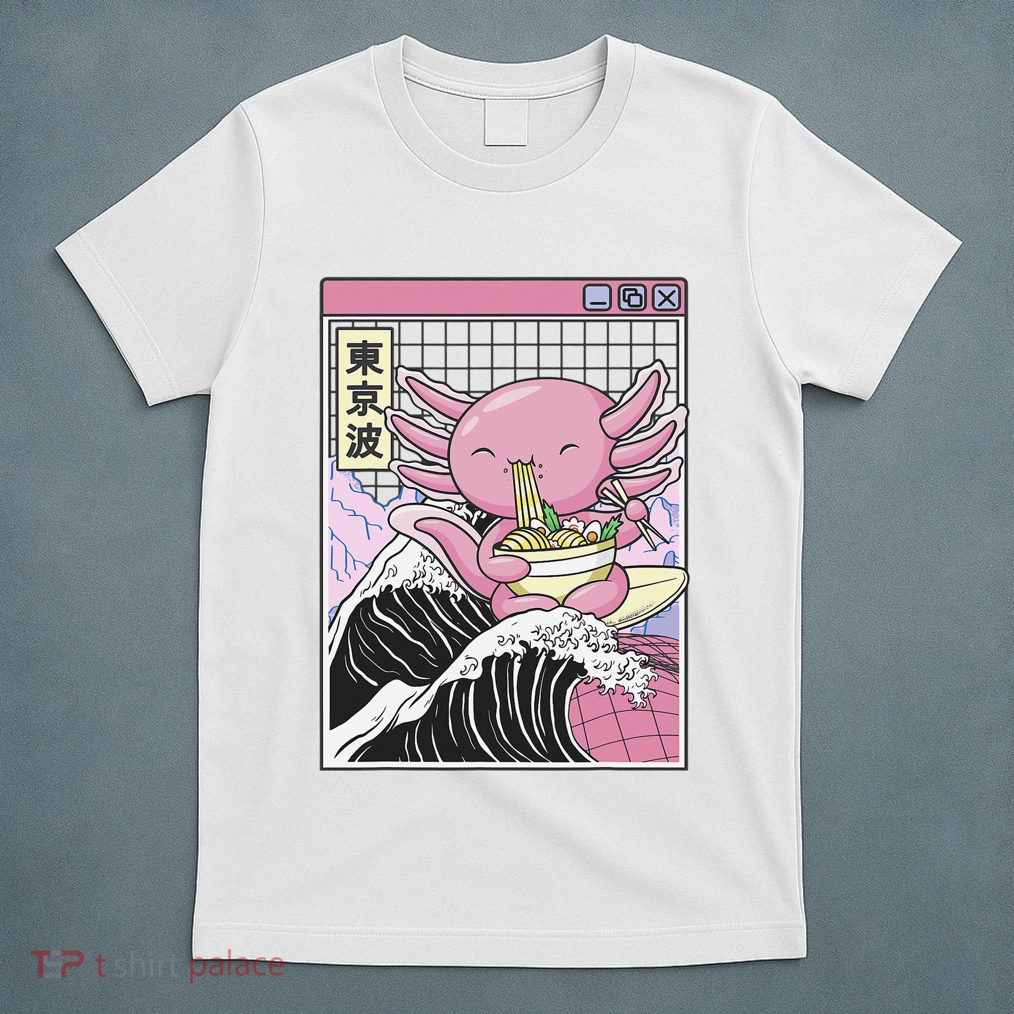Axolotl Eating Ra Kanagawa Wave Kawaii Japan Vaporwave  T-Shirt