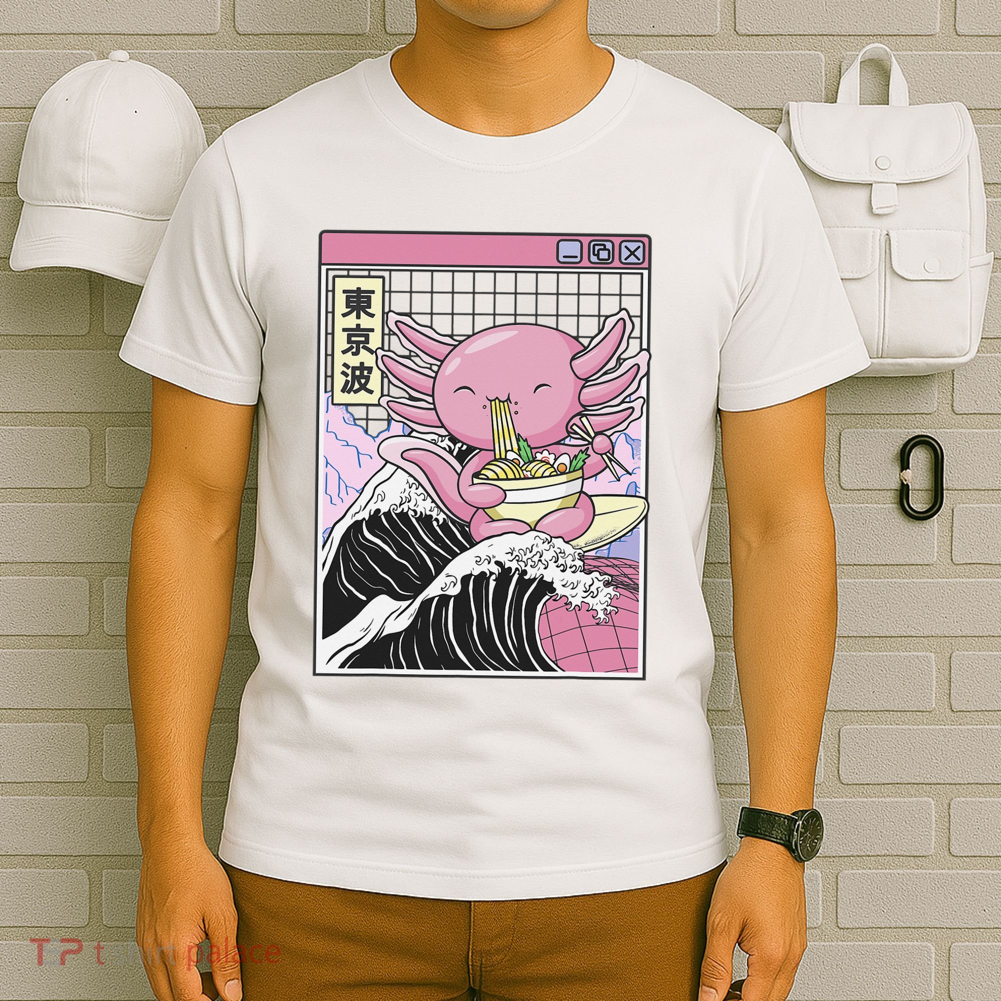 Axolotl Eating Ra Kanagawa Wave Kawaii Japan Vaporwave  T-Shirt